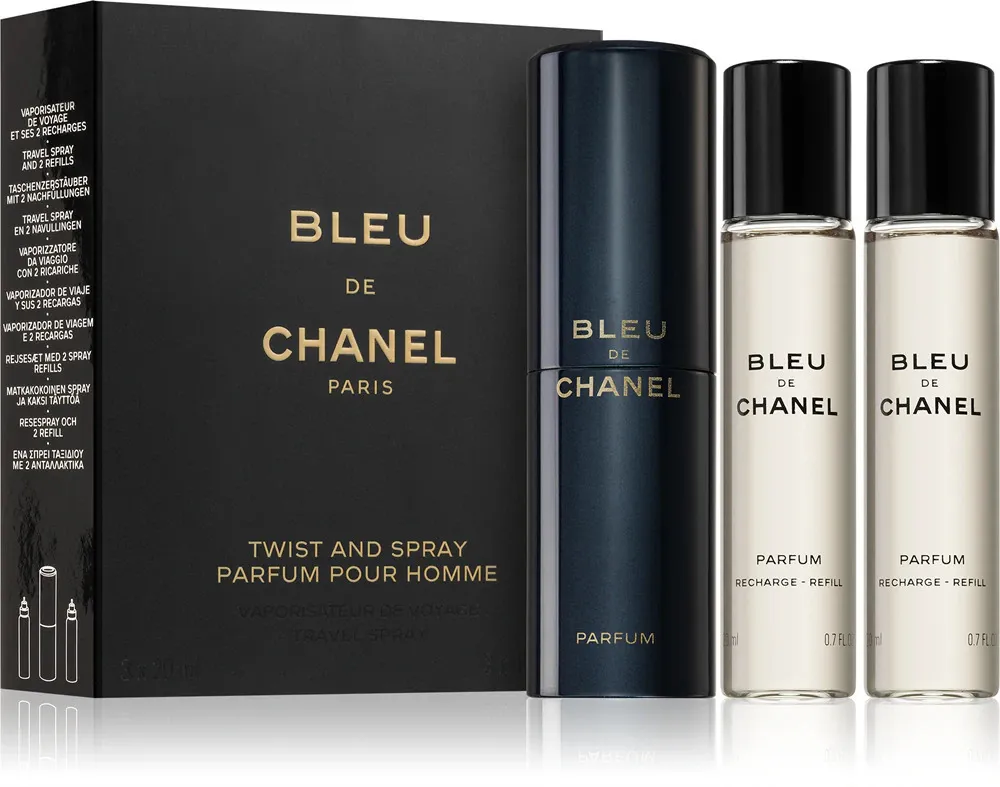 Bleu de Chanel vaporizzatore tascabile ricaricabile 20 ml + 2 ricariche di profumo da uomo