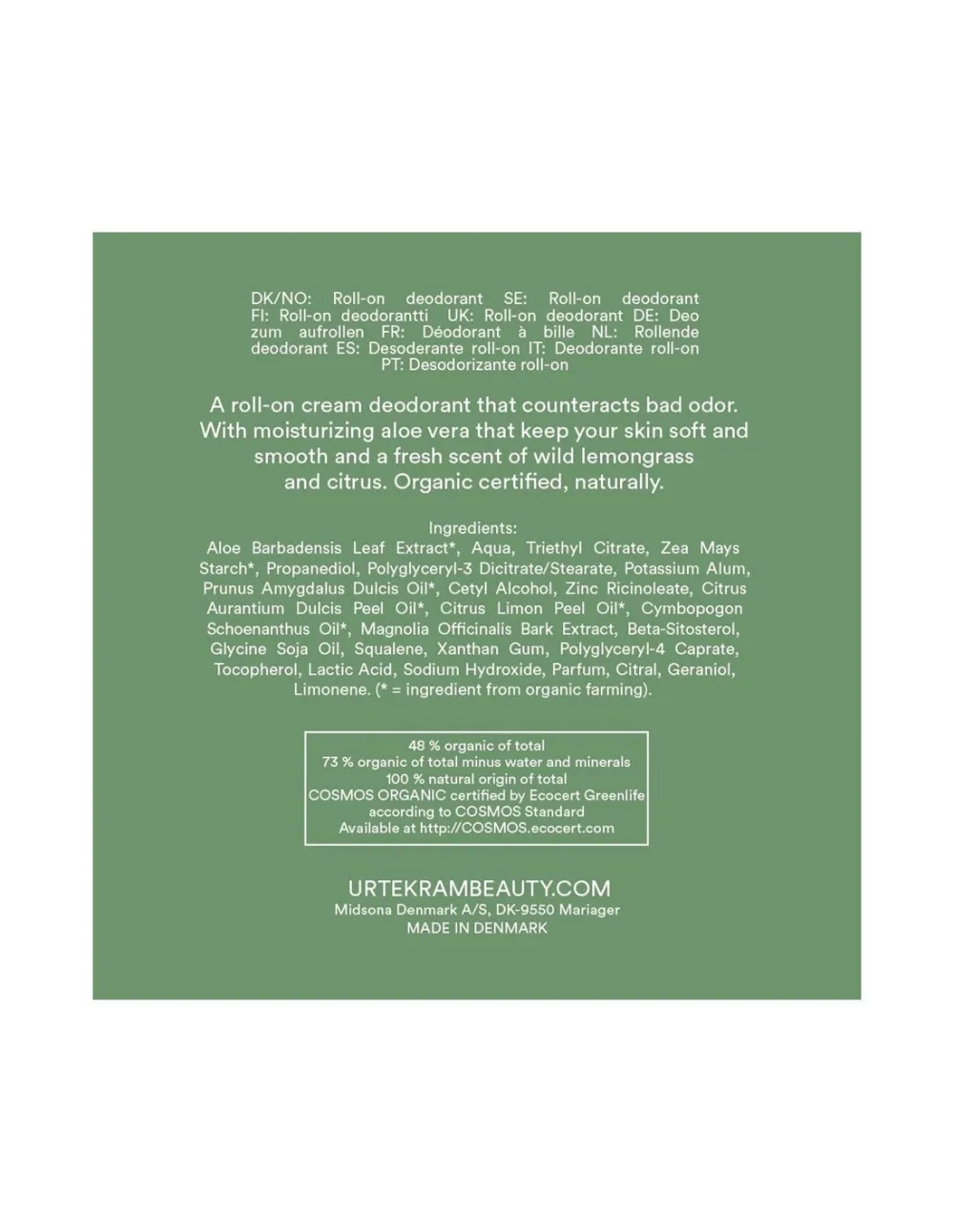 Urtekram Deodorante roll on crema citronella 50 ml BIO