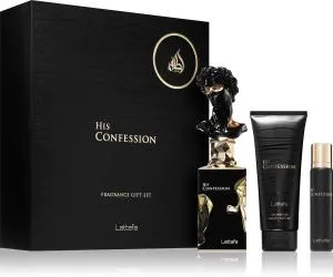 Lattafa His Confession 100 ml + EDP MINI 12 ml + gel doccia eau de parfum da uomo