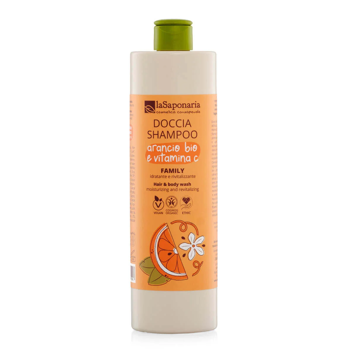 laSaponaria Gel doccia e shampoo 2 in 1 con arancia BIO e vitamina C per tutta la famiglia 500 ml - con una fragranza dolce ed energizzante