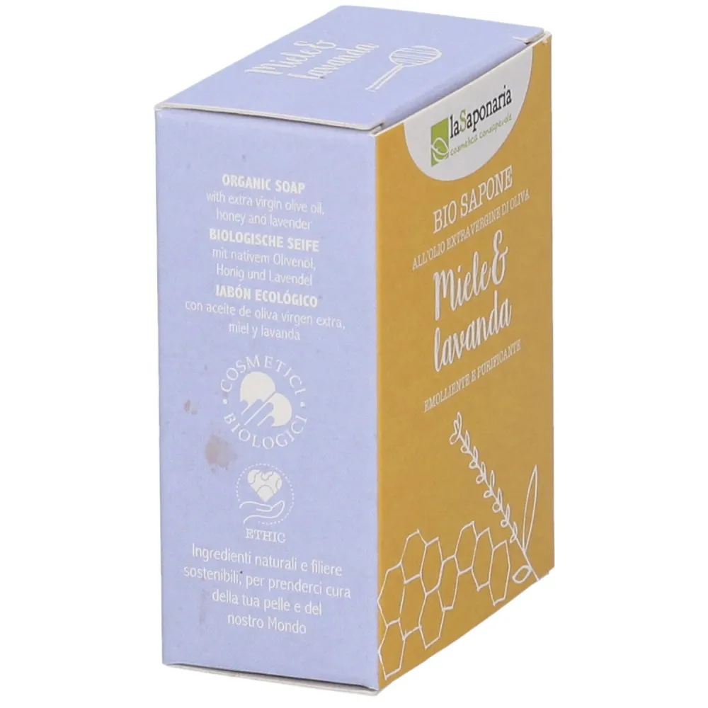 laSaponaria Sapone solido all'olio d'oliva BIO - miele e lavanda (100 g) - adatto per corpo e viso