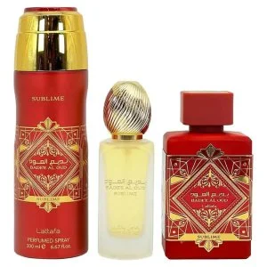 Lattafa Badee Al Oud Sublime set regalo - 100 ml + Spray profumato 200 ml + Spray per capelli acqua profumata