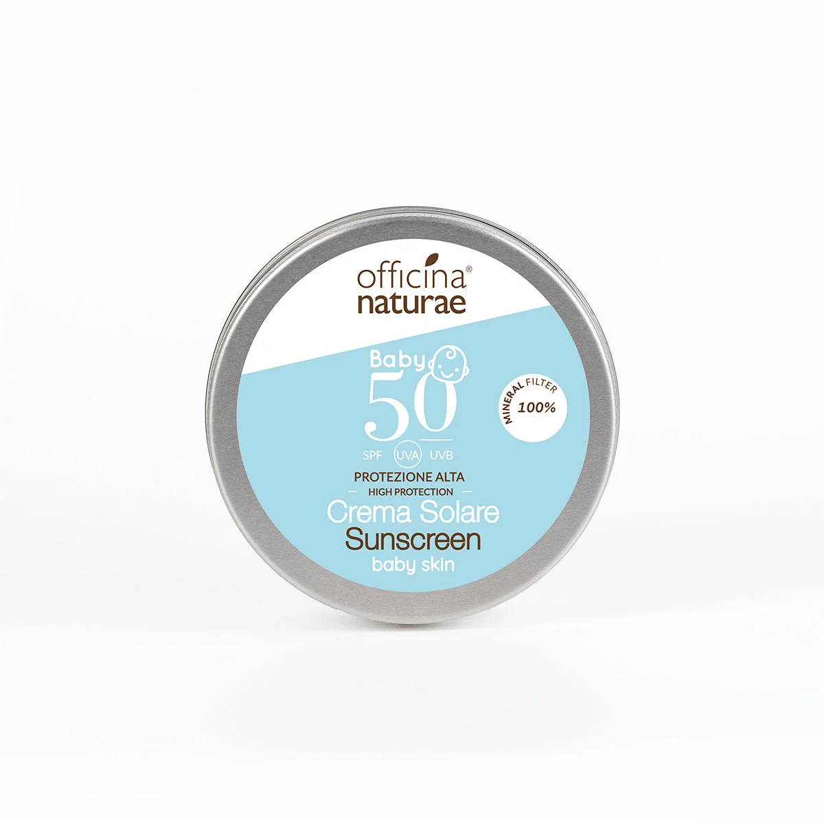 Officina Naturae Crema solare per bambini e pelli sensibili SPF 50 in barattolo di latta (75 ml) - senza profumazione