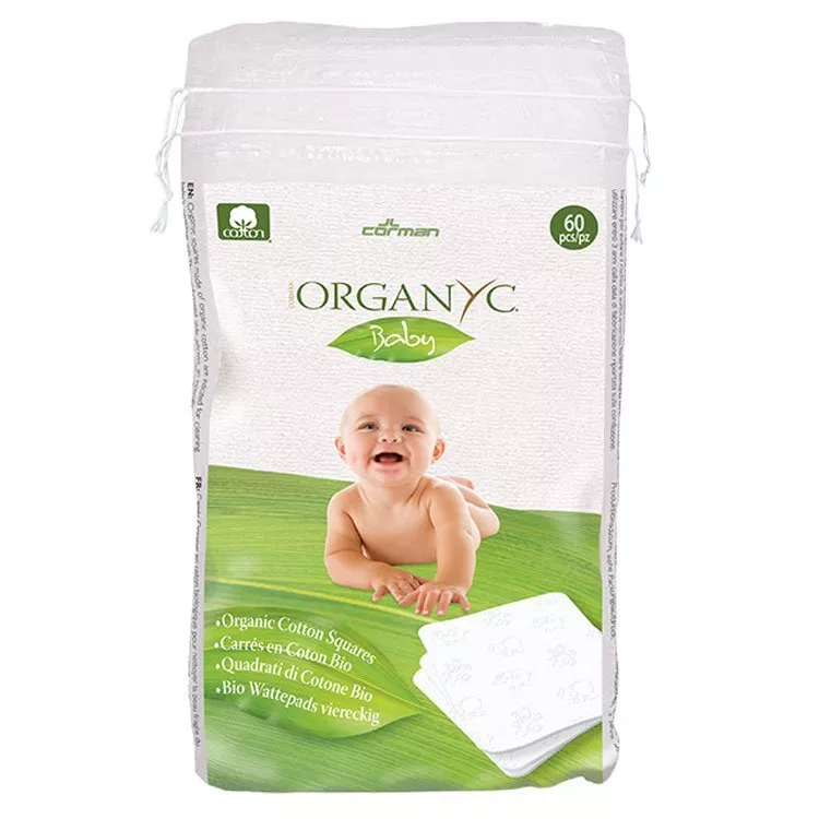 Organyc Quadretti di cotone per la pulizia dei bambini (60 pezzi) - 100% cotone biologico