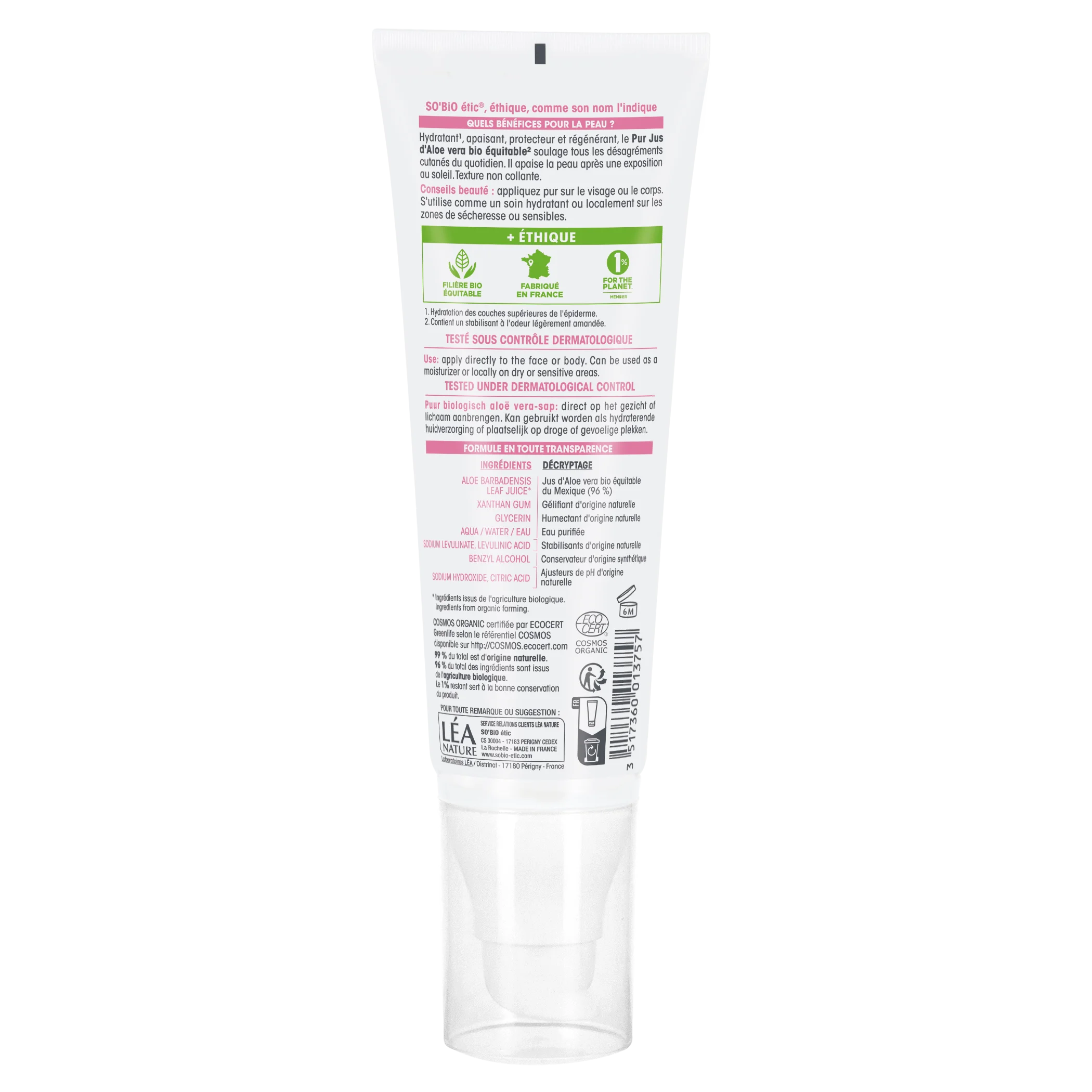 SO’BiO étic Gel di Aloe Vera - ipoallergenico BIO (125 ml) - idratazione intensiva e azione lenitiva sulla pelle
