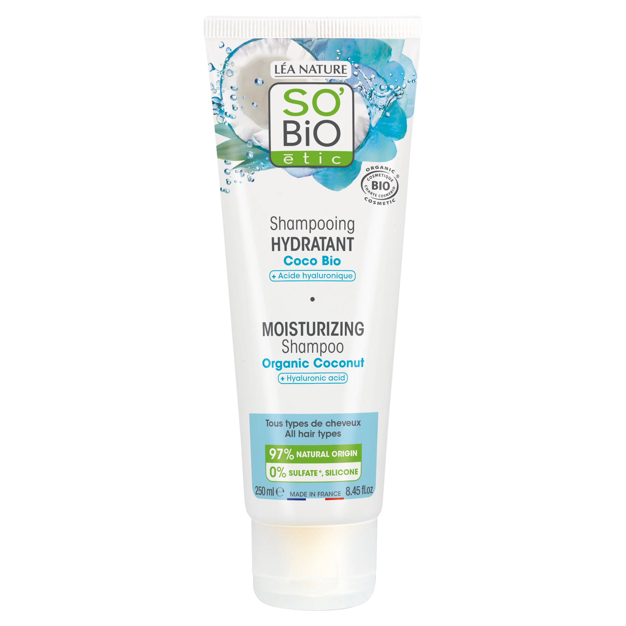 SO’BiO étic Shampoo idratante BIO con cocco e acido ialuronico (250 ml) - per tutti i tipi di capelli
