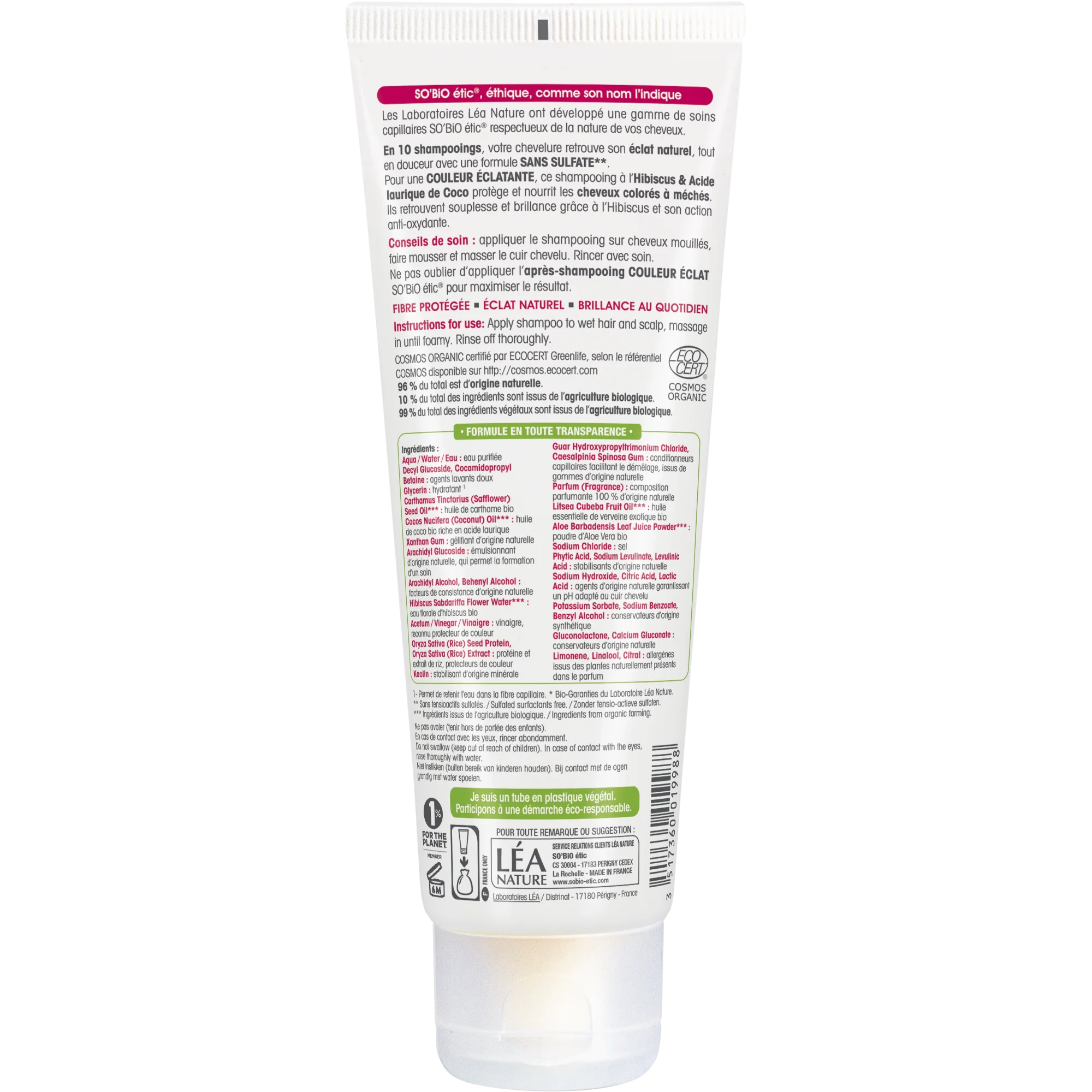SO’BiO étic Shampoo per capelli colorati e con mèches all'ibisco biologico (250 ml) - mantiene il colore brillante
