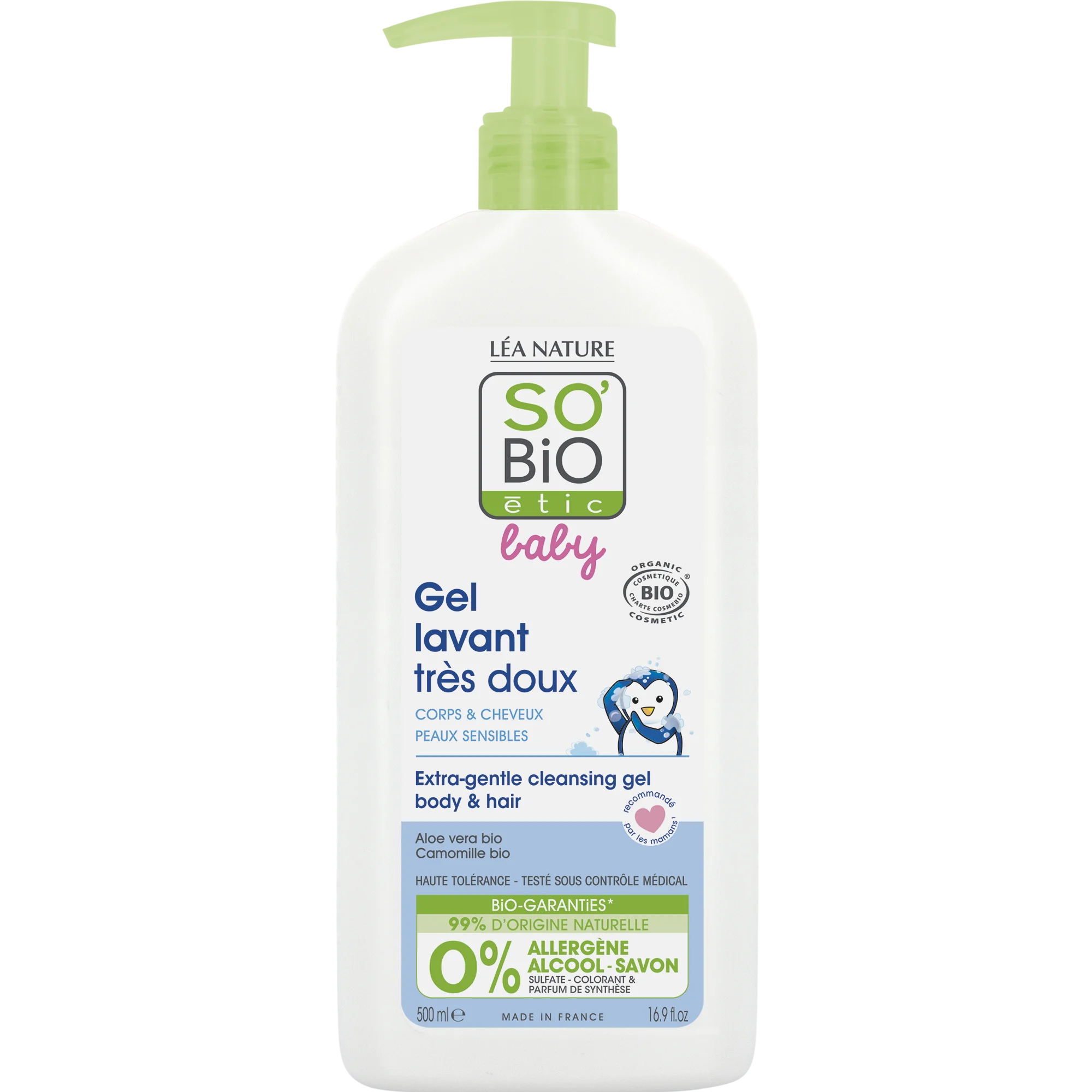 SO’BiO étic BABY Gel detergente per bambini - extra delicato per corpo e capelli BIO (500 ml) - non brucia gli occhi