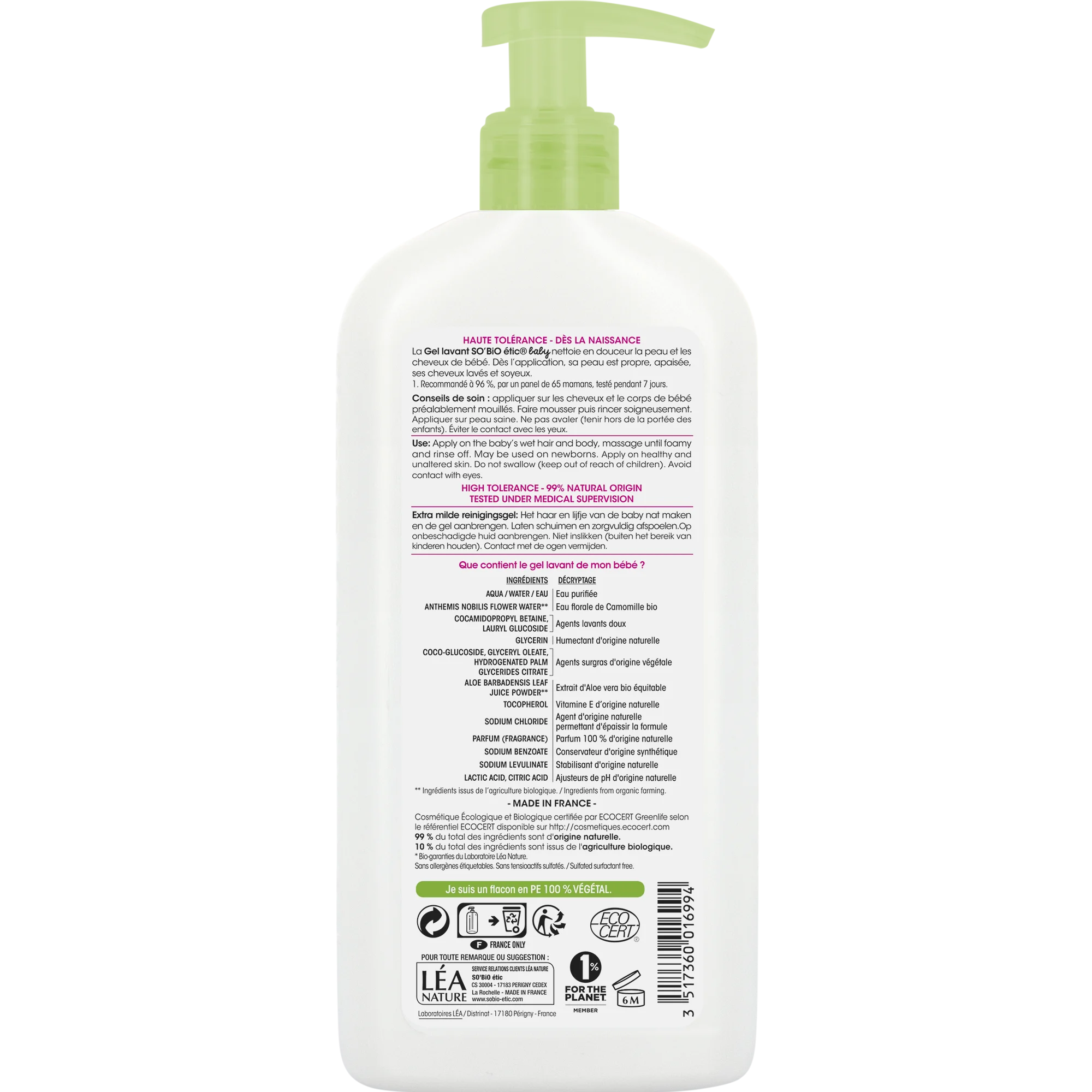 SO’BiO étic BABY Gel detergente per bambini - extra delicato per corpo e capelli BIO (500 ml) - non brucia gli occhi