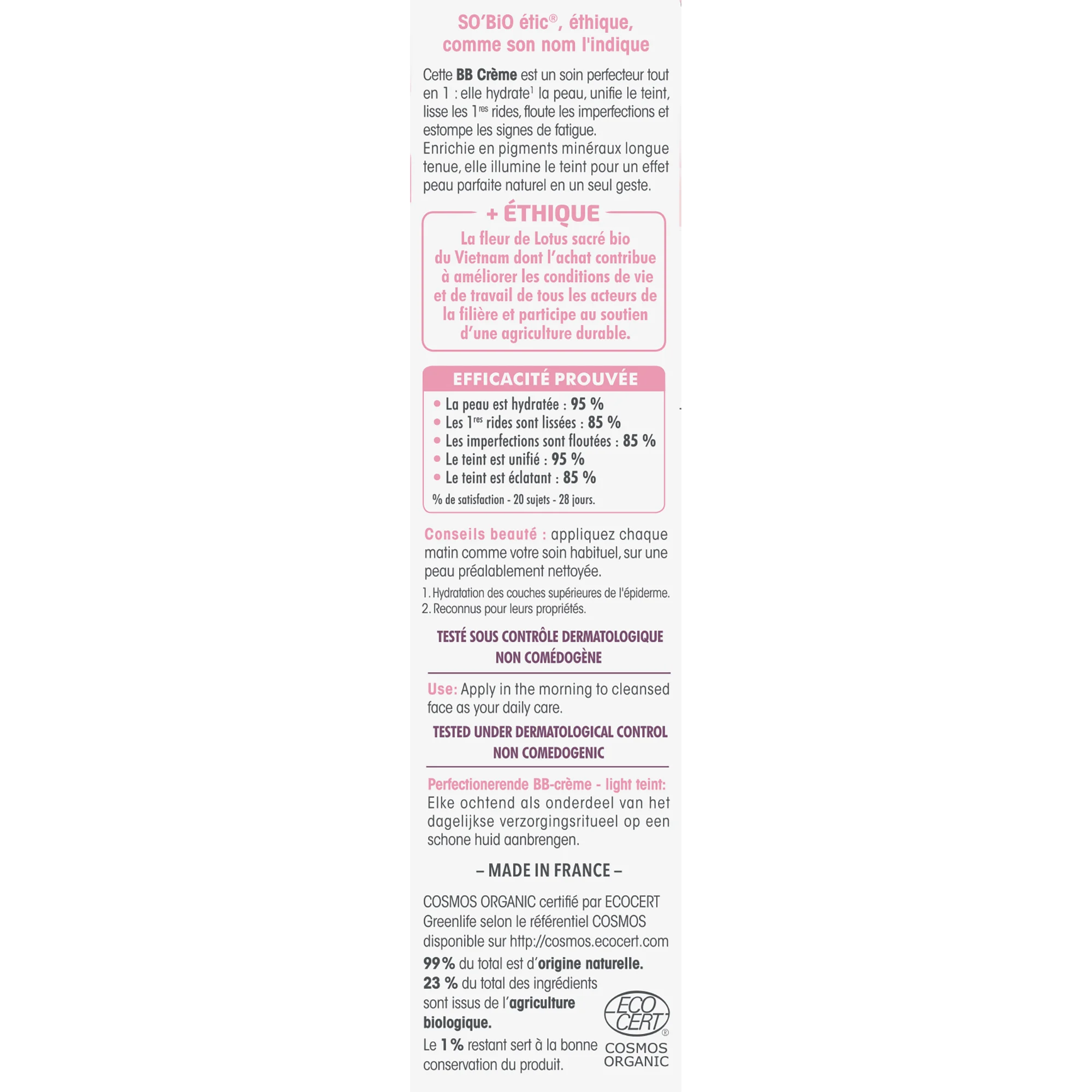 SO’BiO étic BB cream per una pelle perfetta - tonalità Light BIO (40 ml) - con estratto di fiore di loto