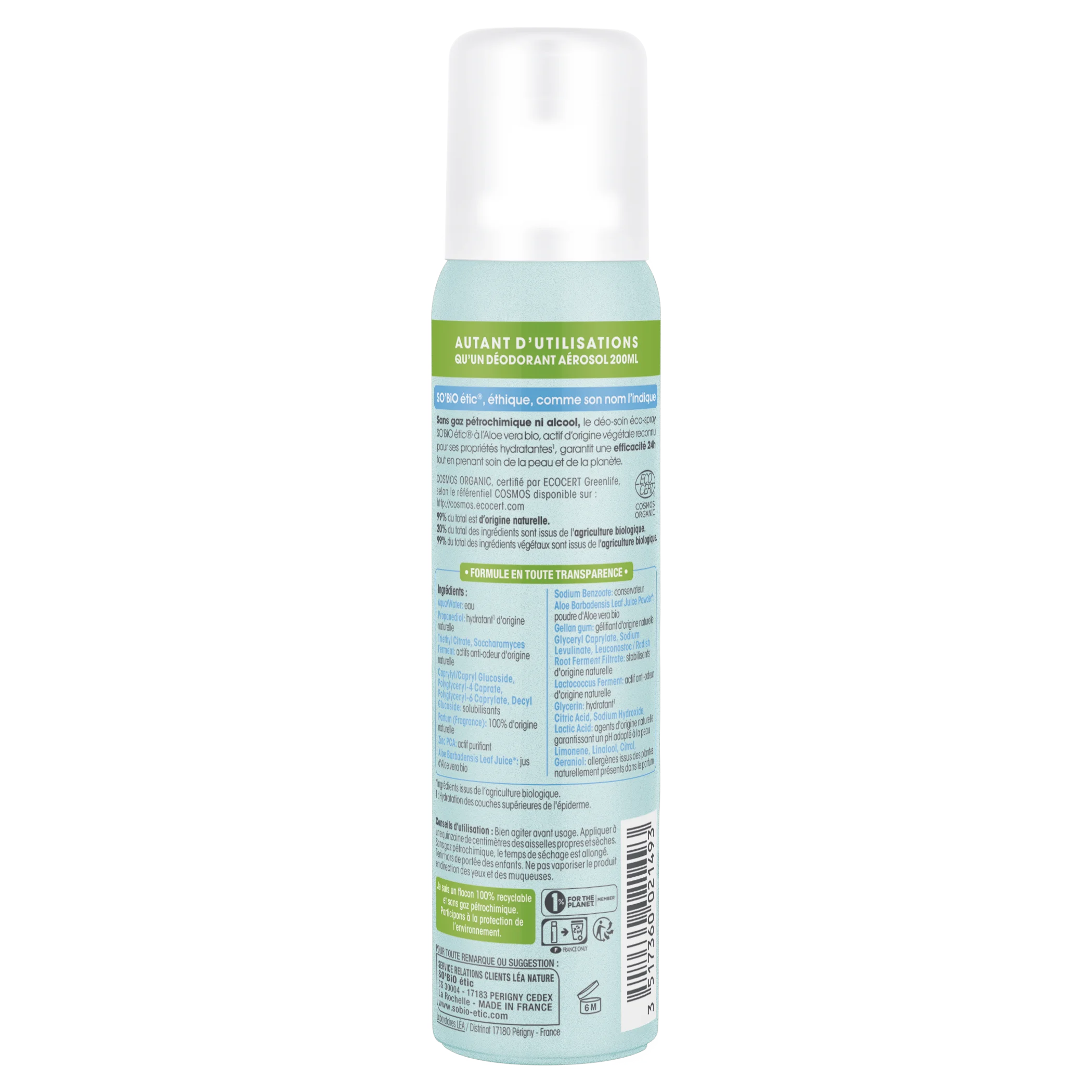 SO’BiO étic Deodorante naturale ECO SPRAY 24h - Aloe vera BIO (100 ml) - efficace fino a 24 ore