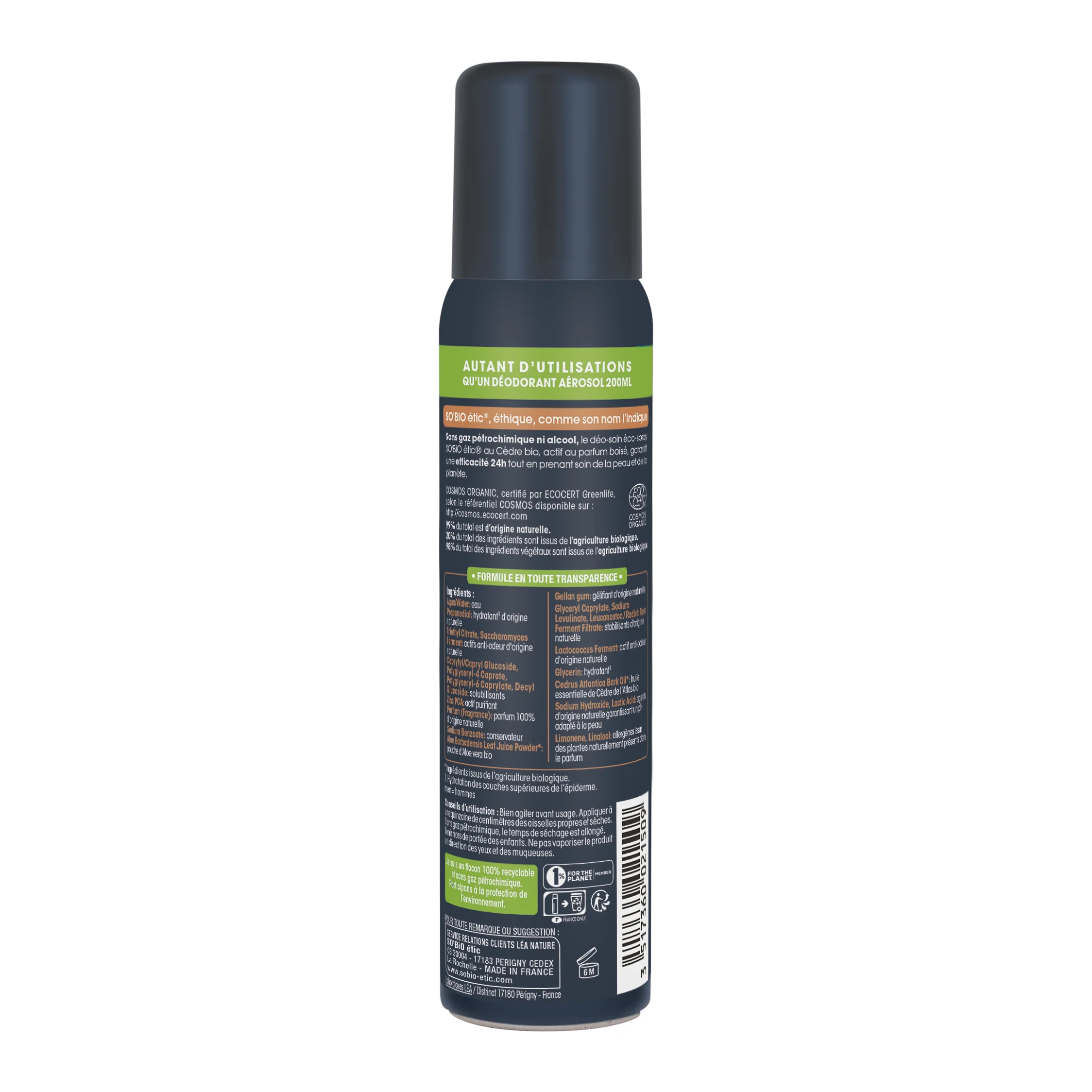 SO’BiO étic Deodorante naturale ECO SPRAY 24h MEN - cedro BIO (100 ml) - efficace fino a 24 ore