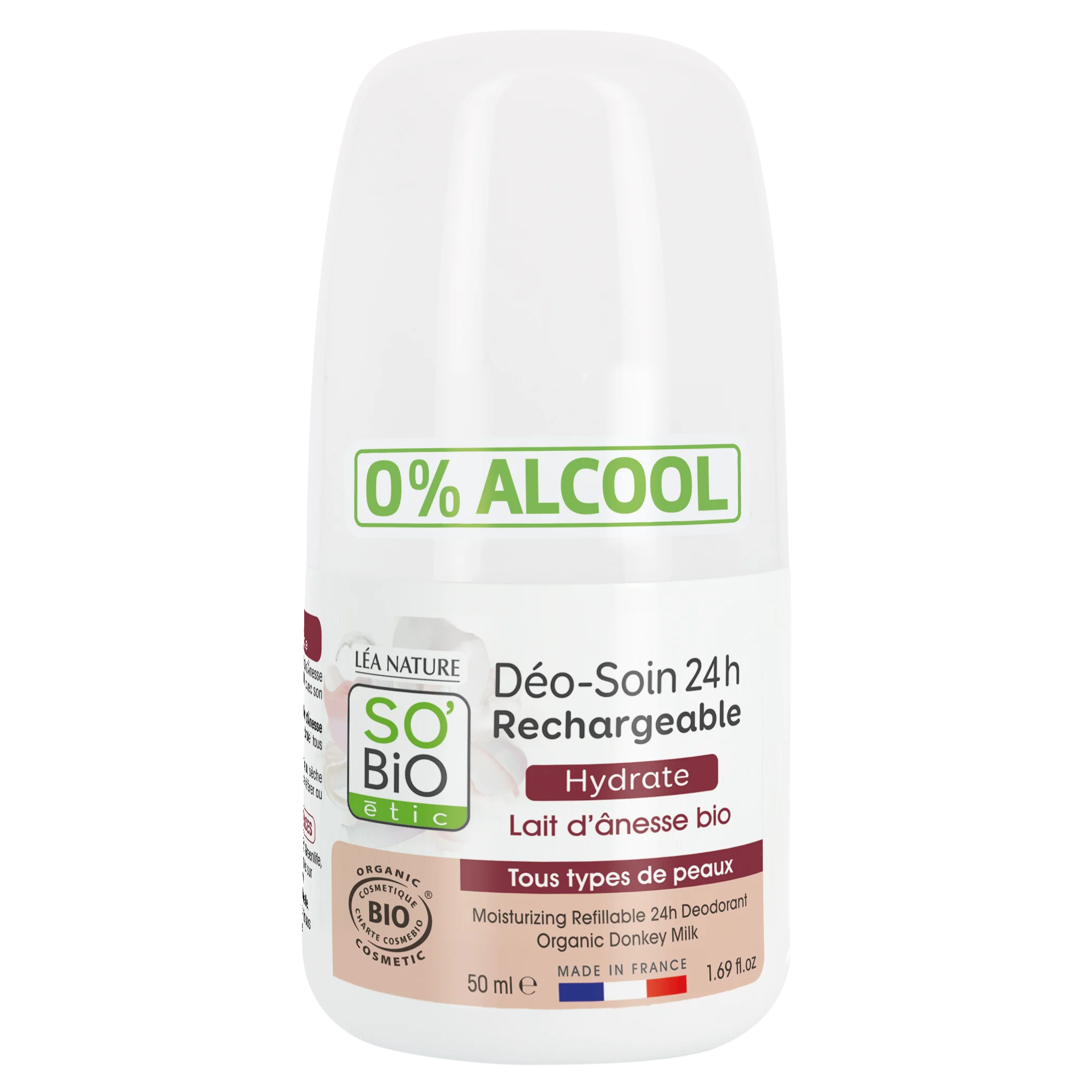 SO’BiO étic Deodorante roll-on idratante 24h al latte d'asina - ricaricabile BIO (50 ml) - anche per pelli sensibili