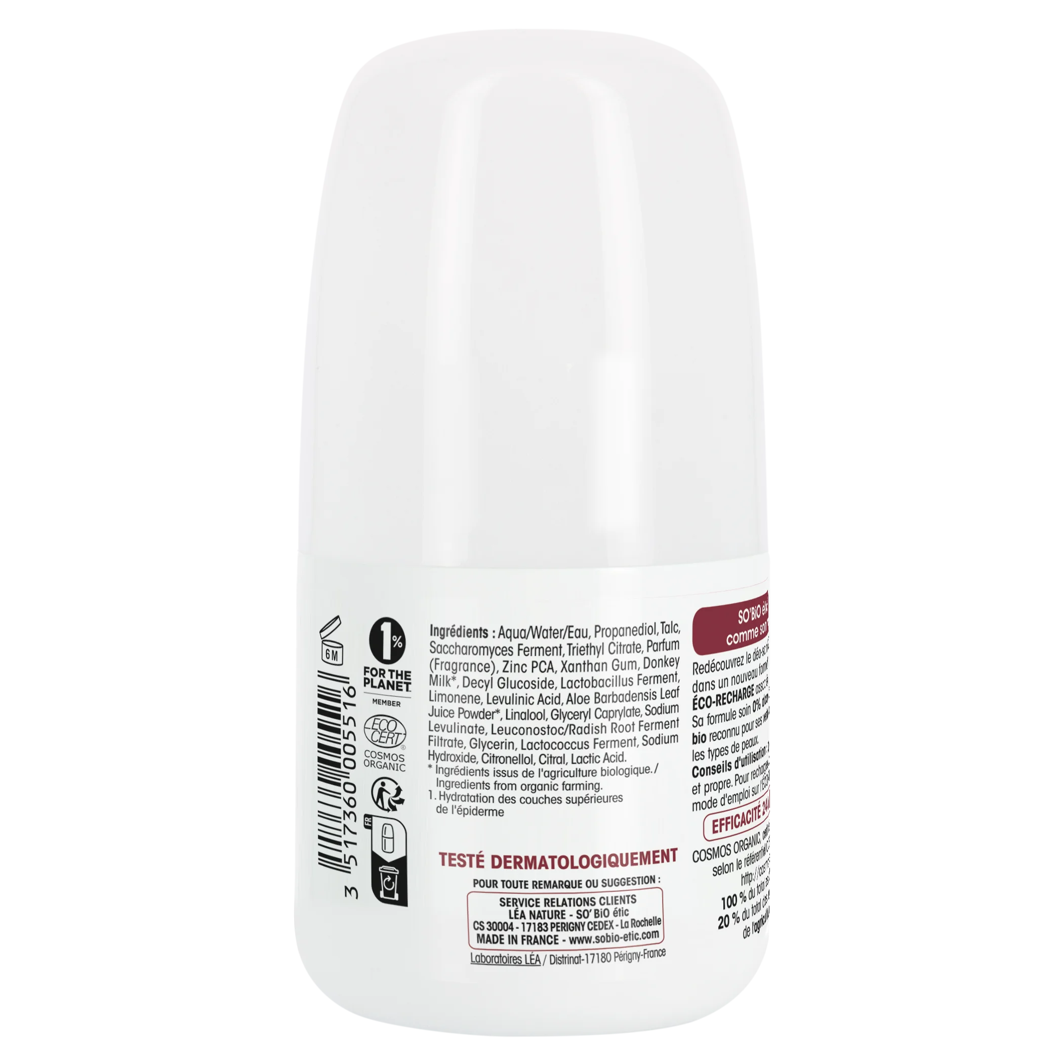 SO’BiO étic Deodorante roll-on idratante 24h al latte d'asina - ricaricabile BIO (50 ml) - anche per pelli sensibili