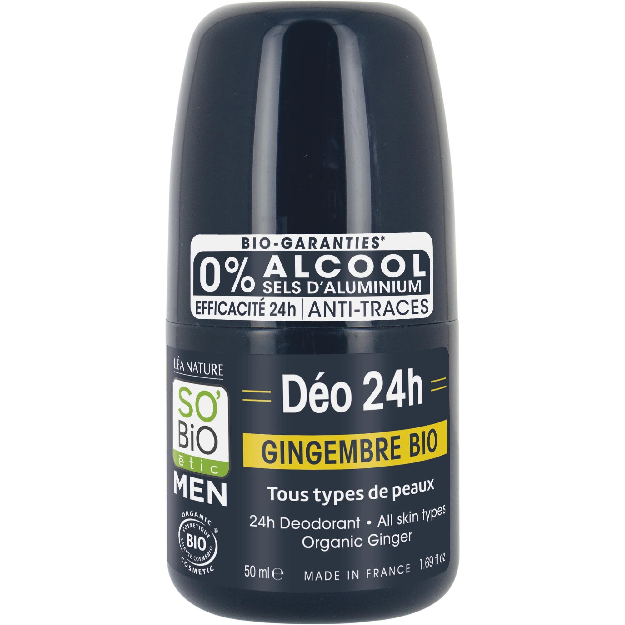 SO’BiO étic Deodorante roll-on 24h MEN - zenzero BIO (50 ml) - efficace fino a 24 ore