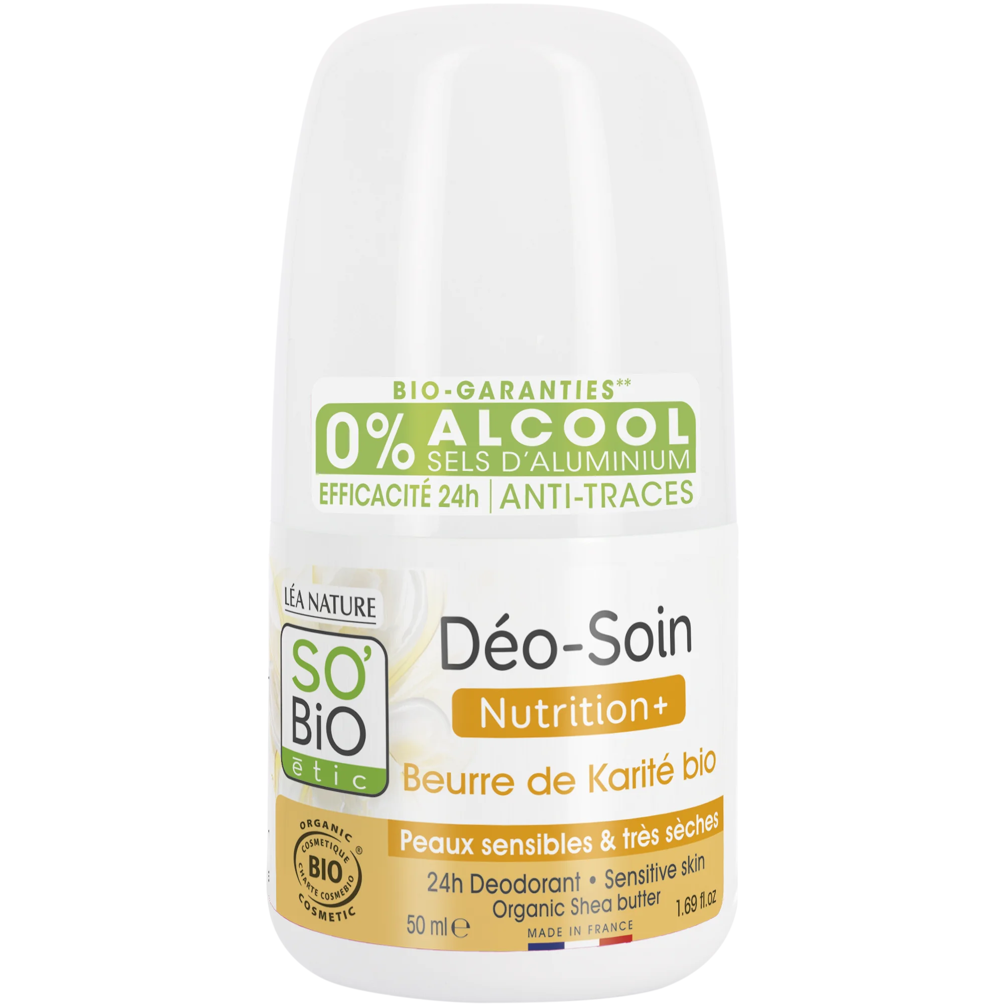 SO’BiO étic Deodorante roll-on 24h Nutrition+ al burro di karité BIO (50 ml) - efficace fino a 24 ore