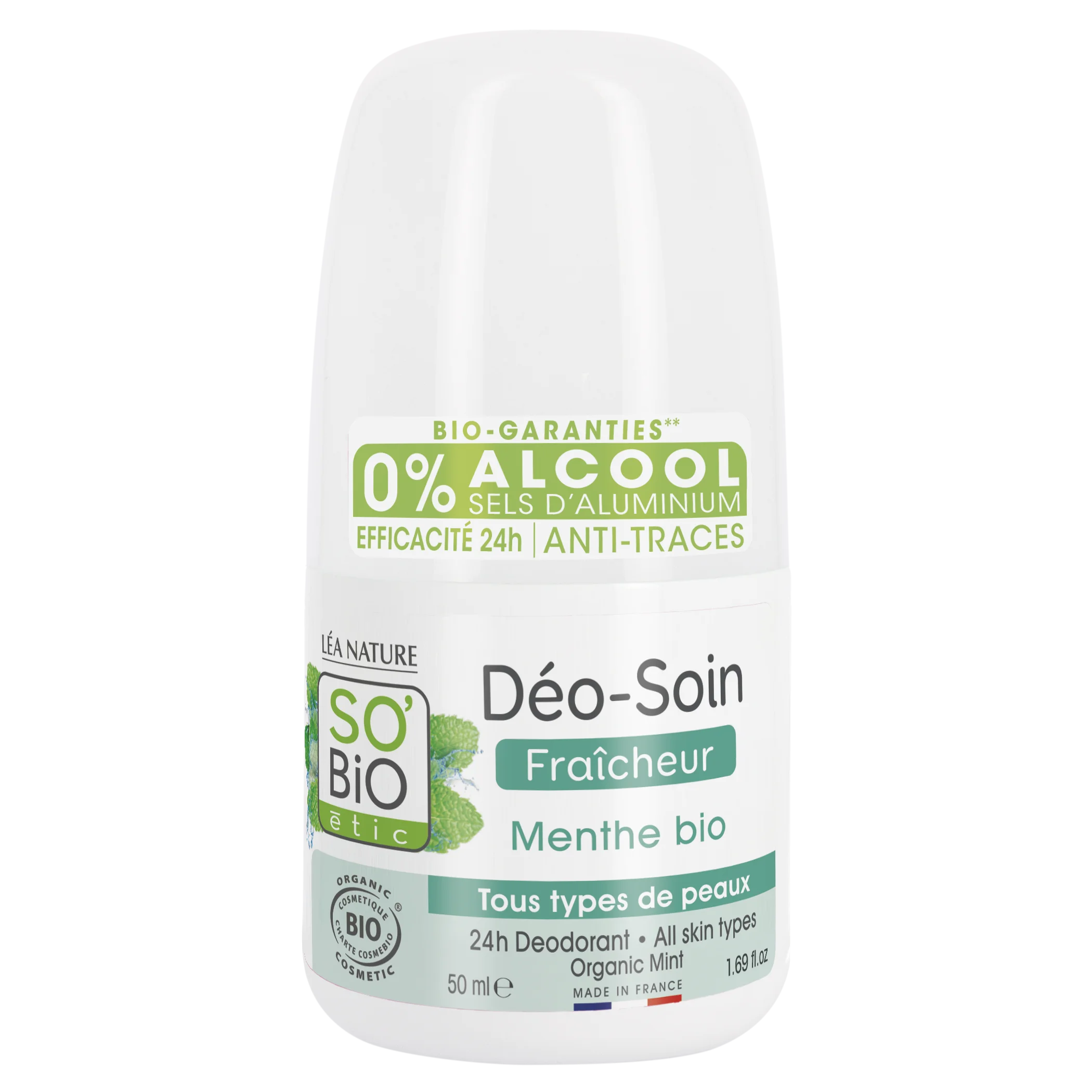 SO’BiO étic Deodorante roll-on 24h rinfrescante alla menta BIO (50 ml) - efficace fino a 24 ore