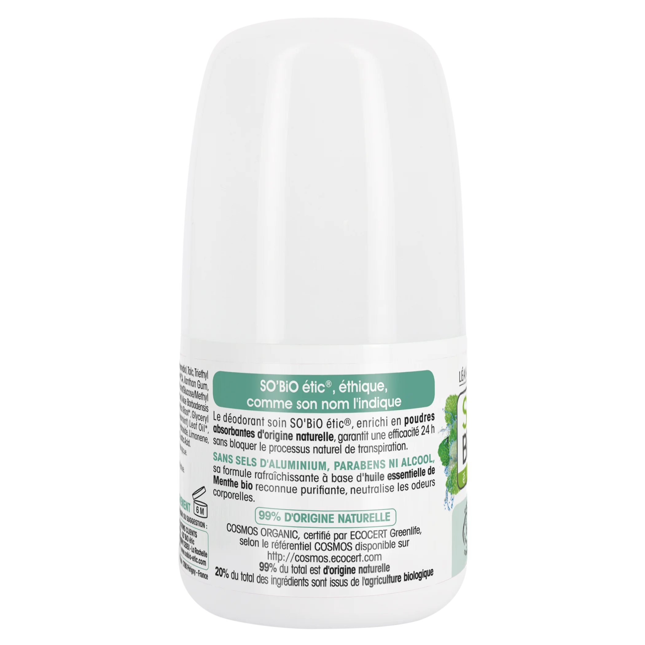 SO’BiO étic Deodorante roll-on 24h rinfrescante alla menta BIO (50 ml) - efficace fino a 24 ore
