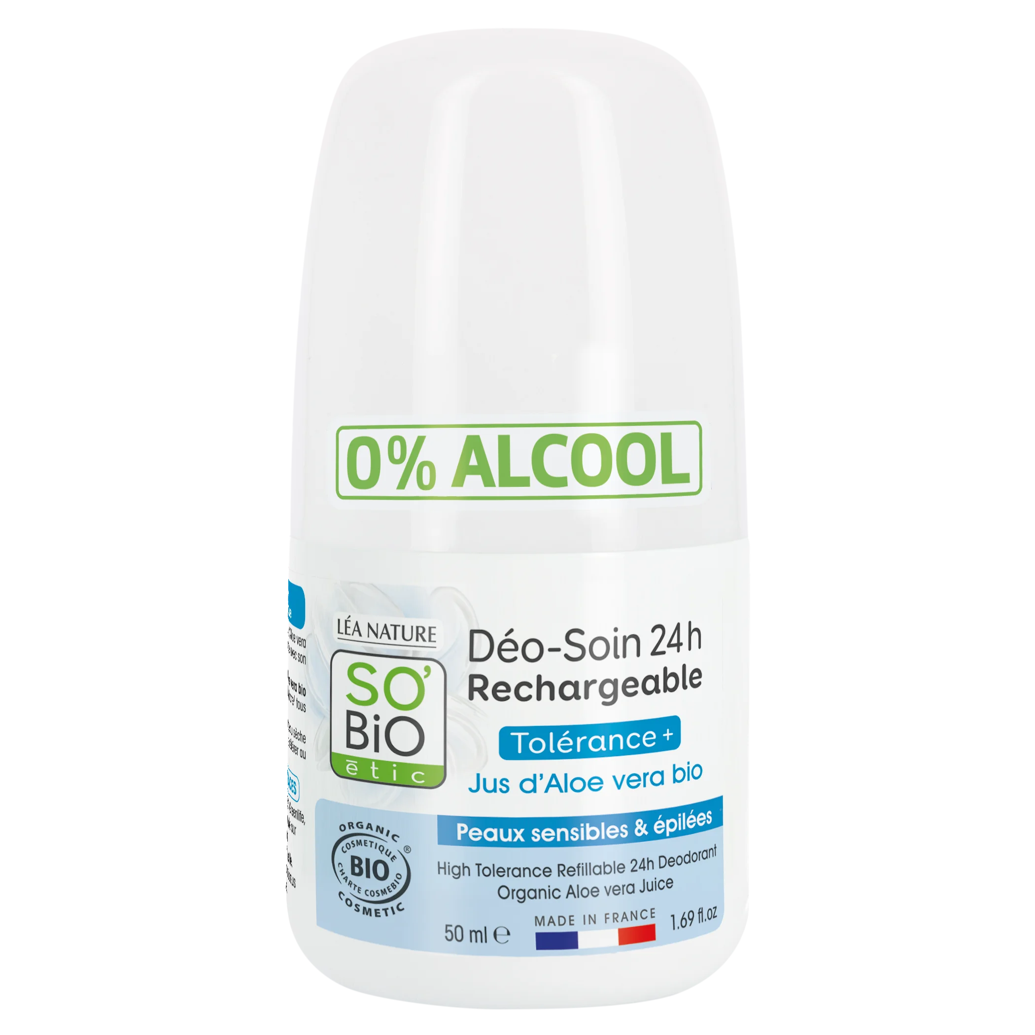 SO’BiO étic Deodorante roll-on 24h - Tolerance+ con Aloe vera BIO (50 ml) - efficace fino a 24 ore