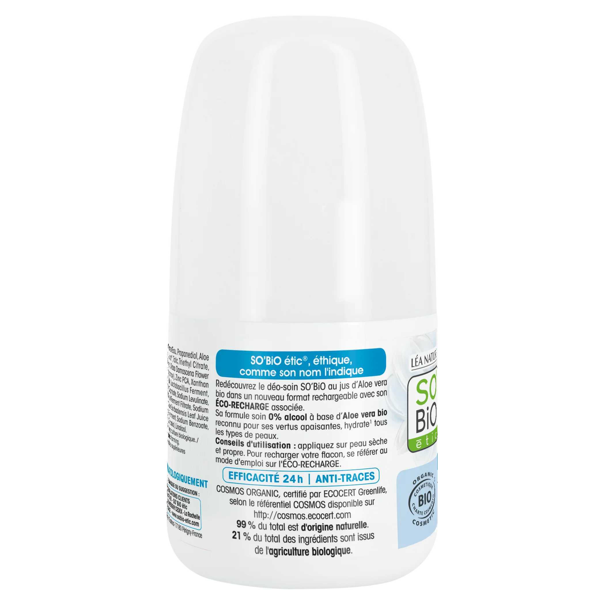 SO’BiO étic Deodorante roll-on 24h - Tolerance+ con Aloe vera BIO (50 ml) - efficace fino a 24 ore
