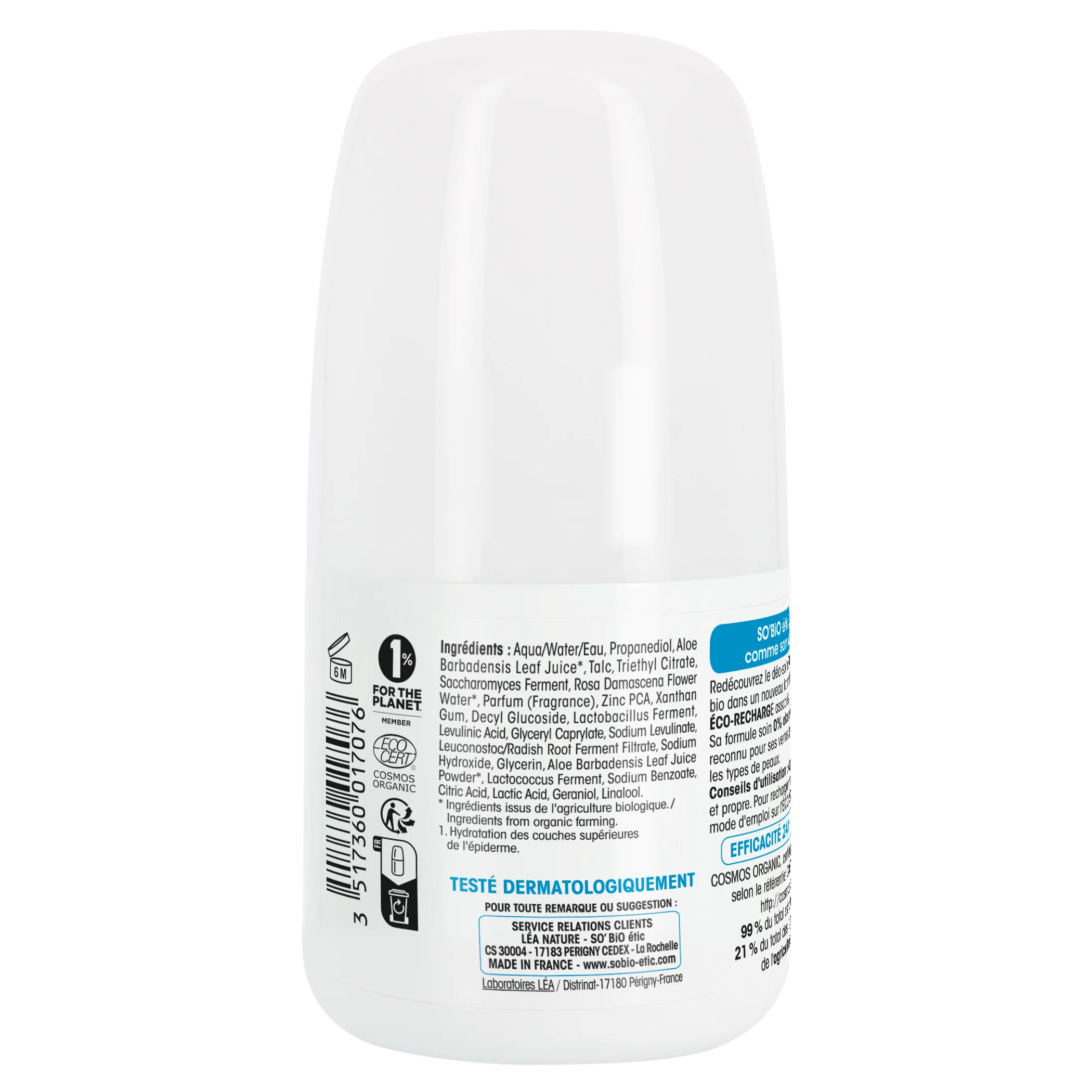 SO’BiO étic Deodorante roll-on 24h - Tolerance+ con Aloe vera BIO (50 ml) - efficace fino a 24 ore