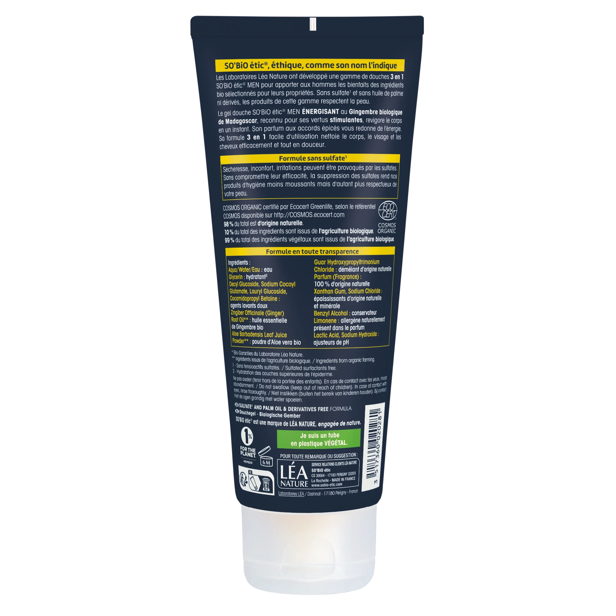 SO’BiO étic Gel doccia MEN 3 in 1 - zenzero BIO energizzante (200 ml) - per corpo, viso e capelli