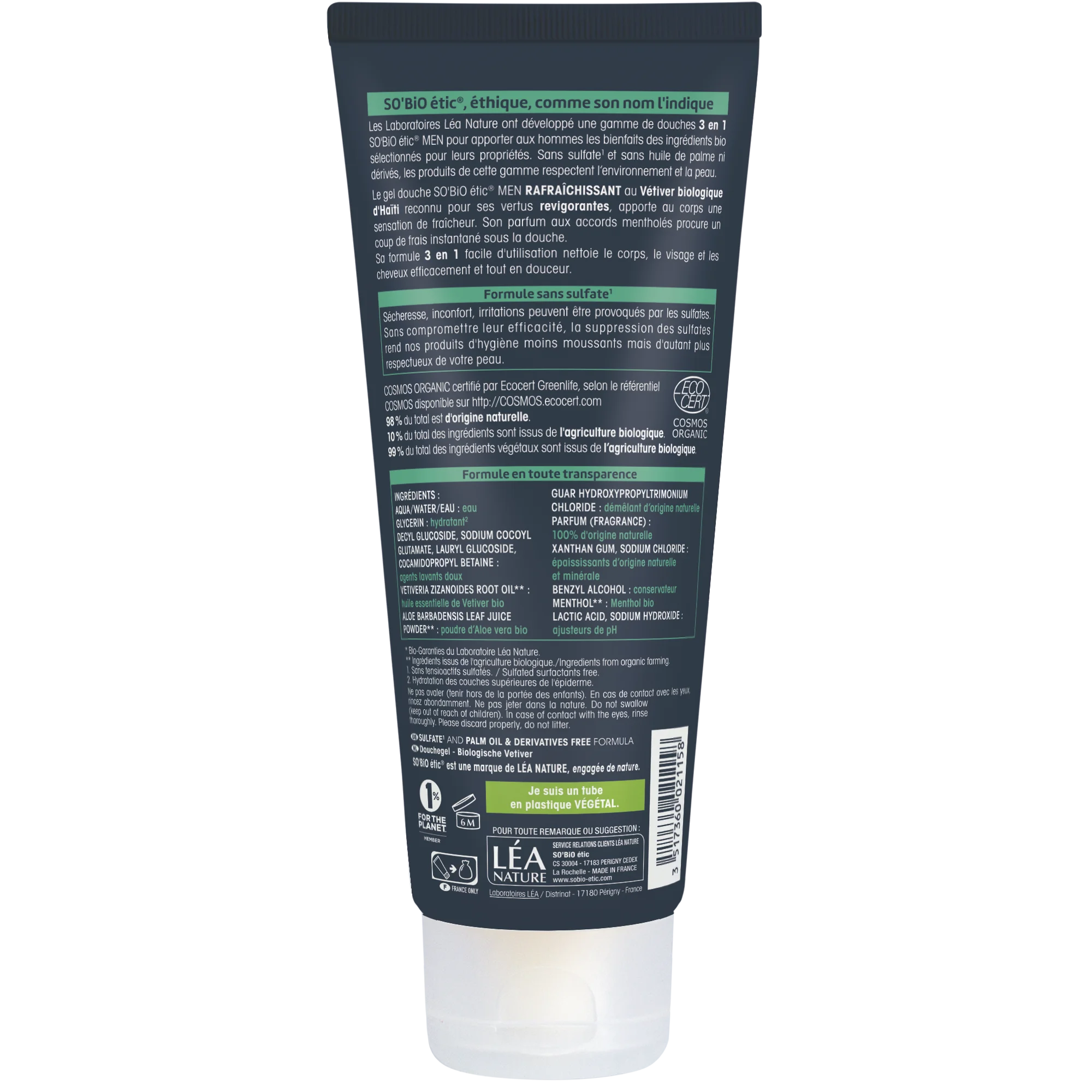 SO’BiO étic Gel doccia MEN 3 in 1 - vetiver BIO rinfrescante (200 ml) - per corpo, viso e capelli