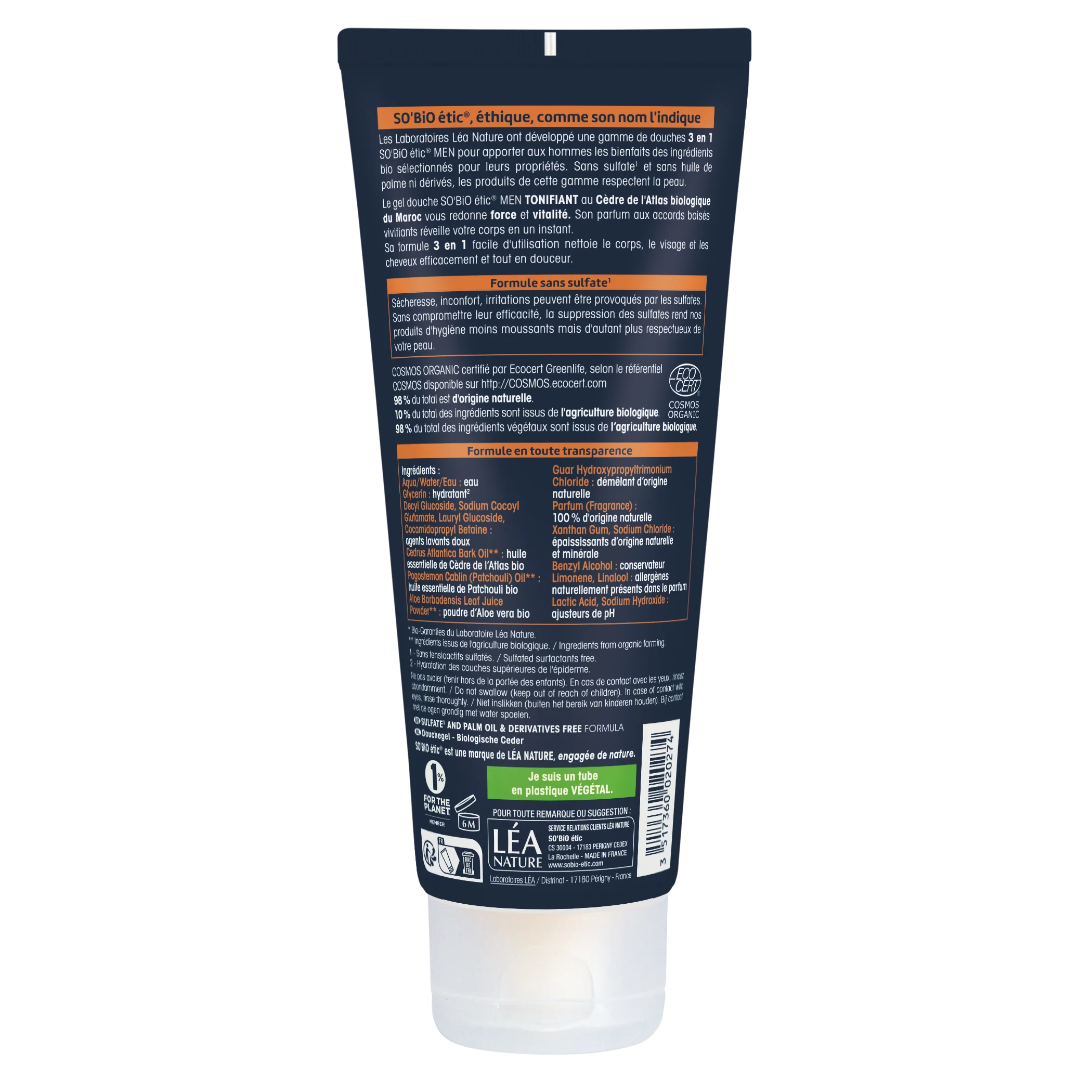 SO’BiO étic Gel doccia MEN 3 in 1 - cedro tonificante BIO (200 ml) - per corpo, viso e capelli