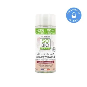 SO’BiO étic Ricarica per deodorante roll-on idratante 24 h al latte d'asina biologico (150 ml) - una ricarica sostituisce tre roll-on