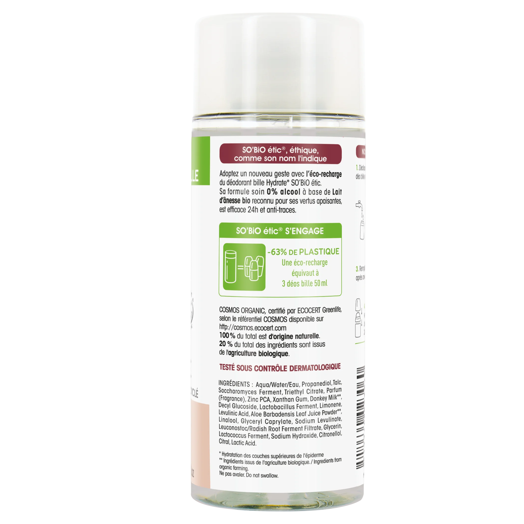 SO’BiO étic Ricarica per deodorante roll-on idratante 24 h al latte d'asina biologico (150 ml) - una ricarica sostituisce tre roll-on