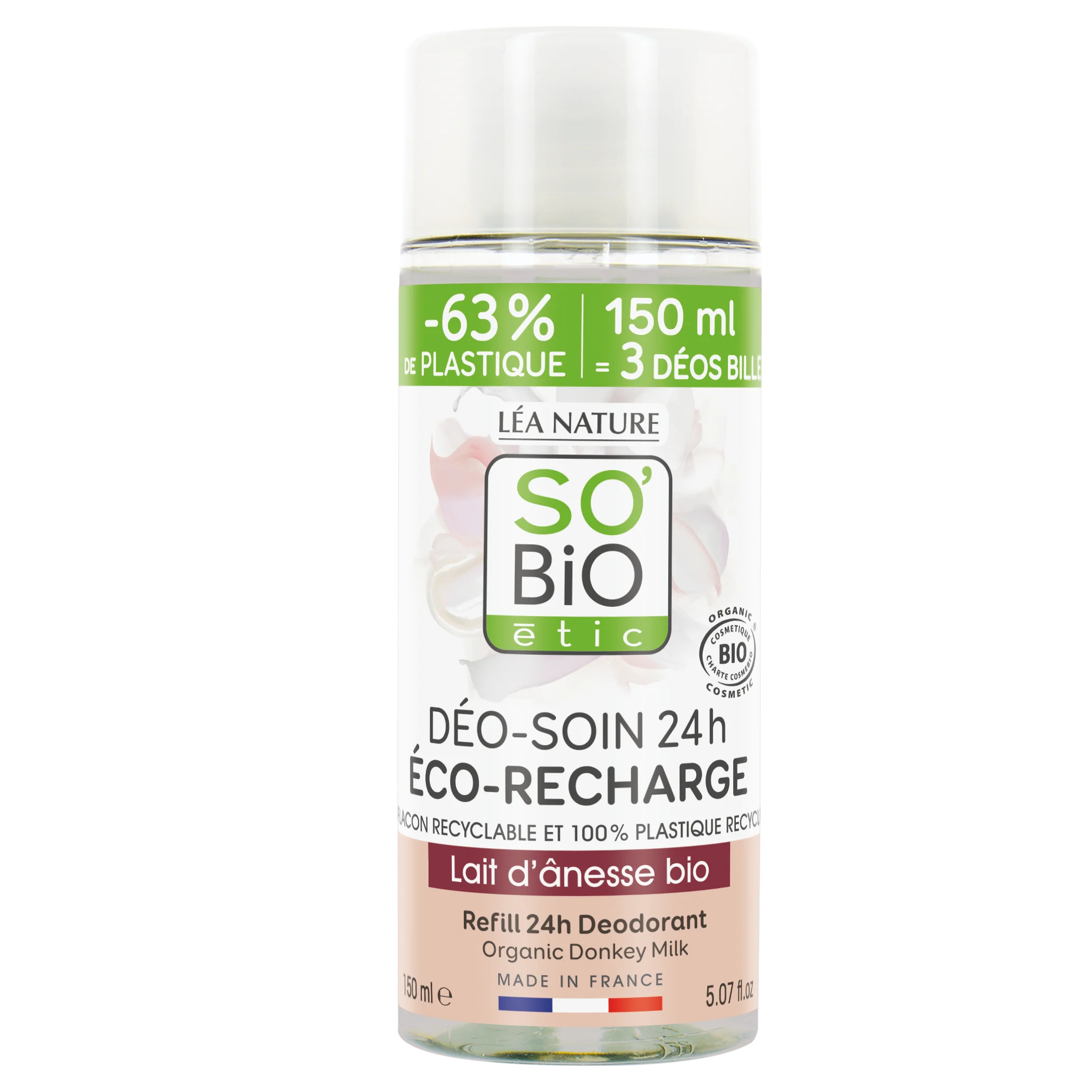 SO’BiO étic Ricarica per deodorante roll-on idratante 24 h al latte d'asina biologico (150 ml) - una ricarica sostituisce tre roll-on