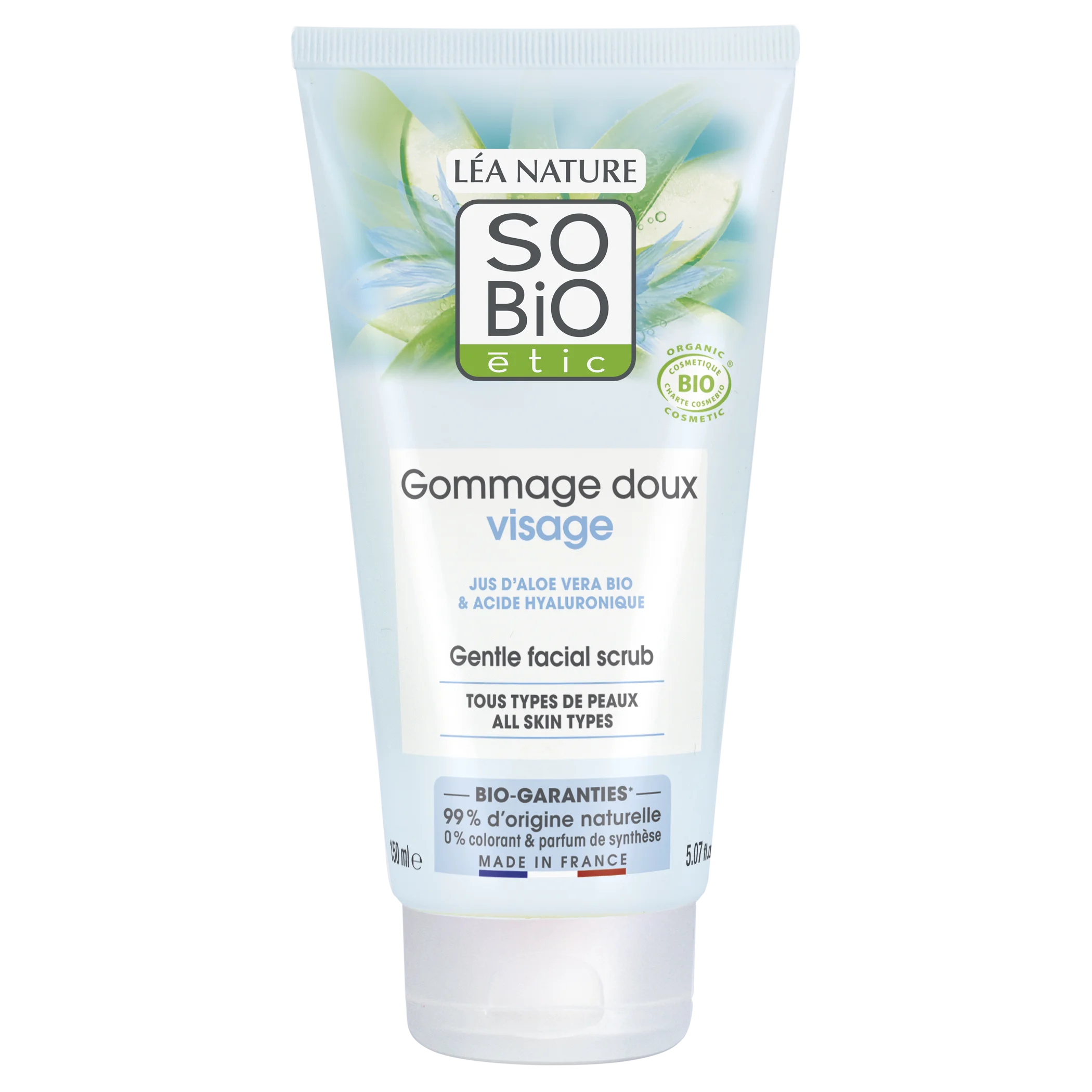 SO’BiO étic Peeling delicato per uso frequente all'Aloe vera BIO, idratante (150 ml) - con acido ialuronico