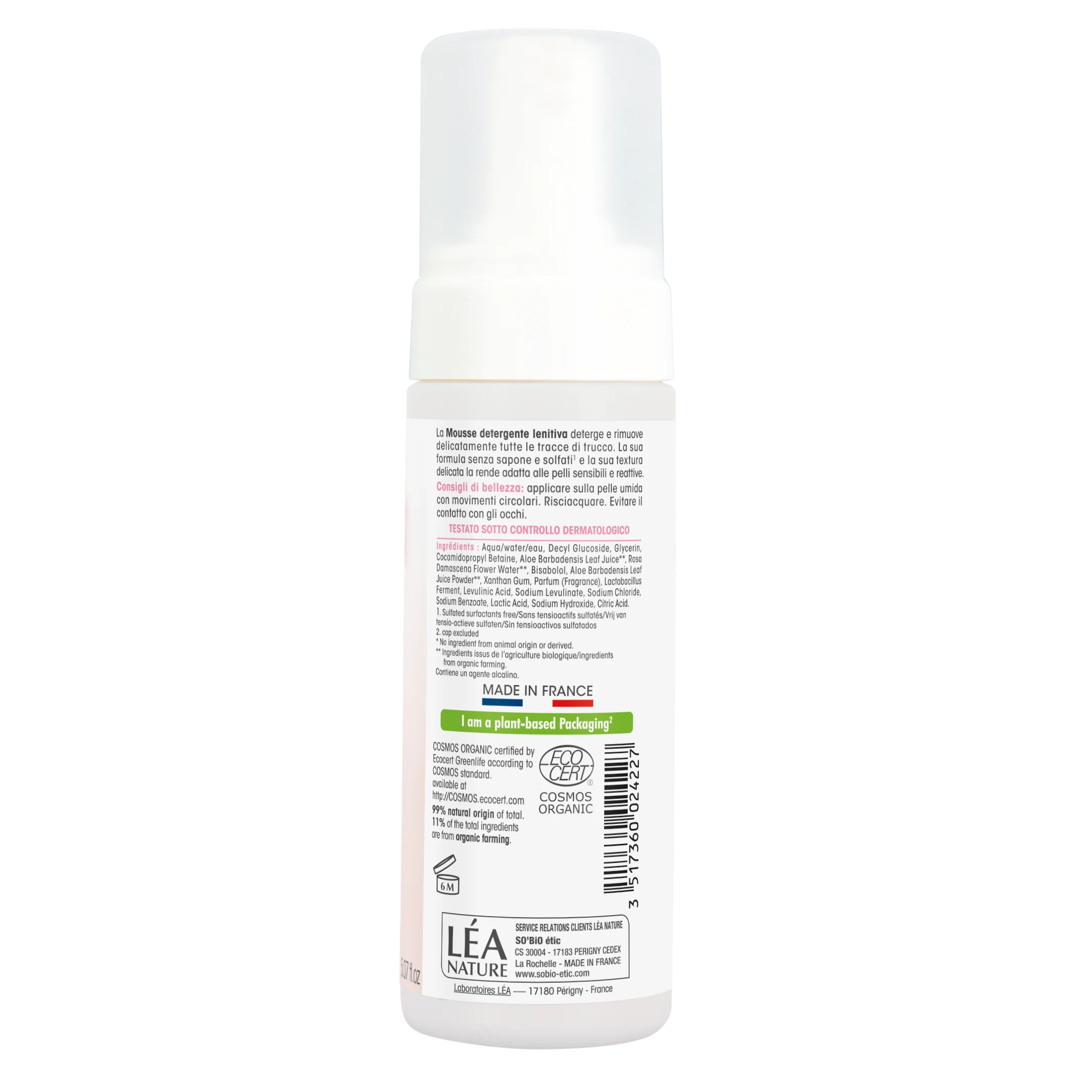 SO’BiO étic Schiuma detergente lenitiva Aloe Vera BIO (150 ml) - arricchita con acqua di rose