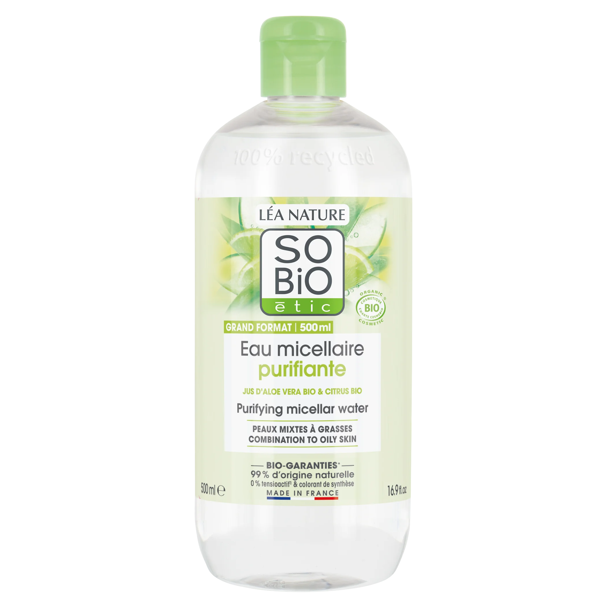 SO’BiO étic Acqua micellare detergente all'Aloe Vera - zinco e agrumi BIO (500 ml) - ideale per pelli da miste a grasse