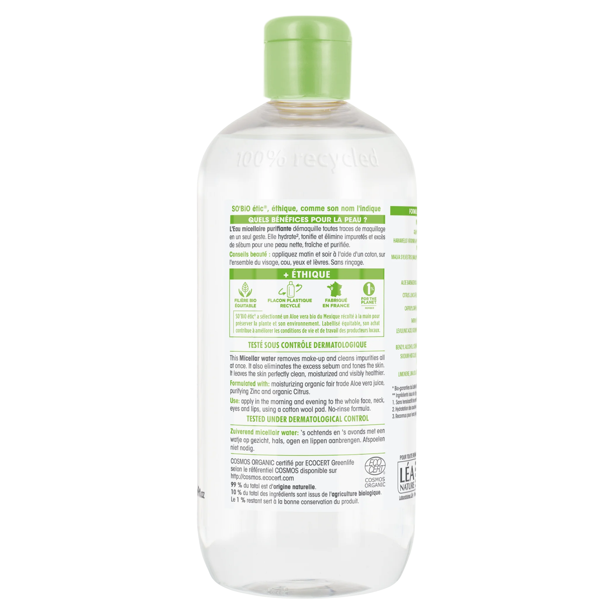 SO’BiO étic Acqua micellare detergente all'Aloe Vera - zinco e agrumi BIO (500 ml) - ideale per pelli da miste a grasse