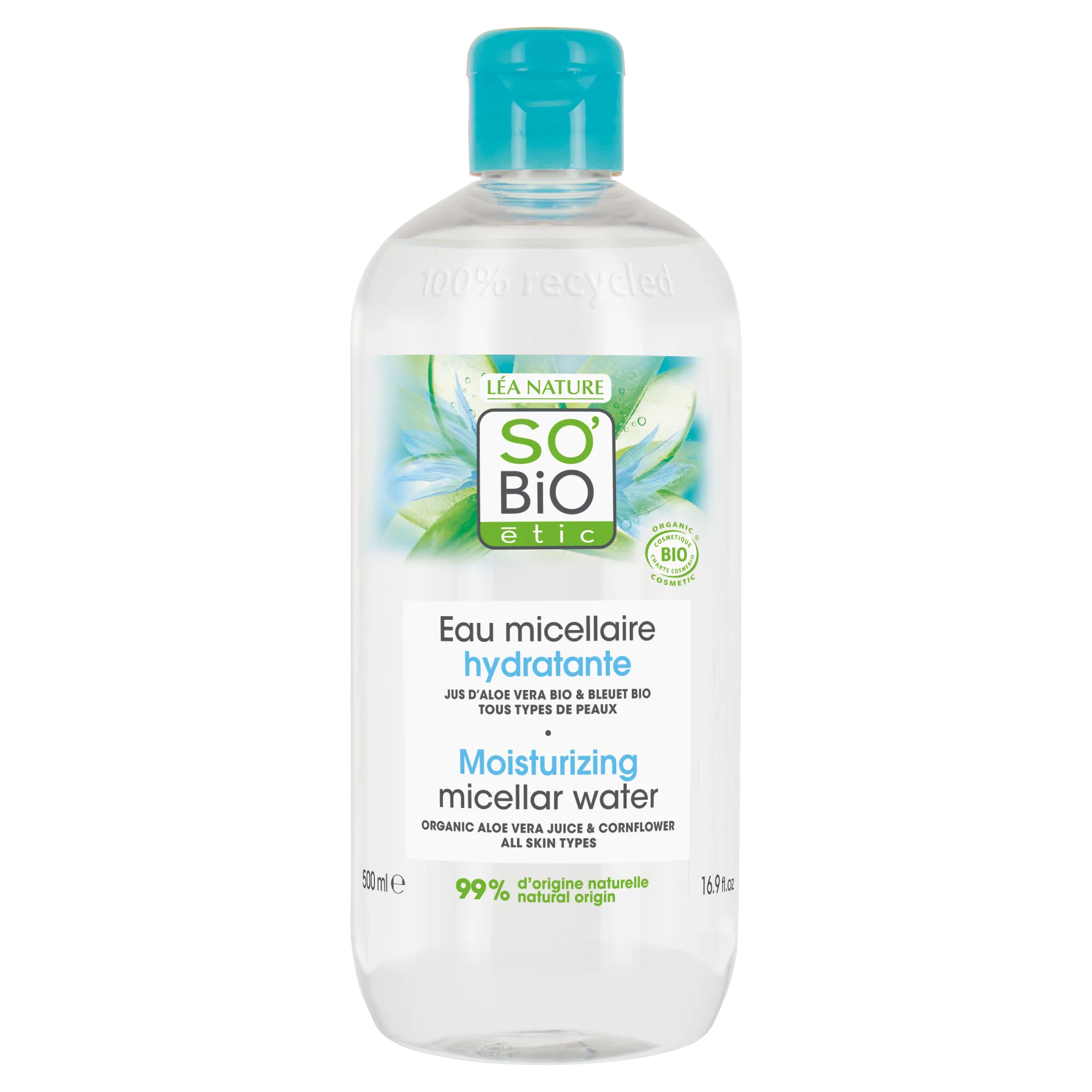 SO’BiO étic Acqua micellare idratante all’Aloe vera BIO (500 ml) - arricchita con acqua di fiordaliso
