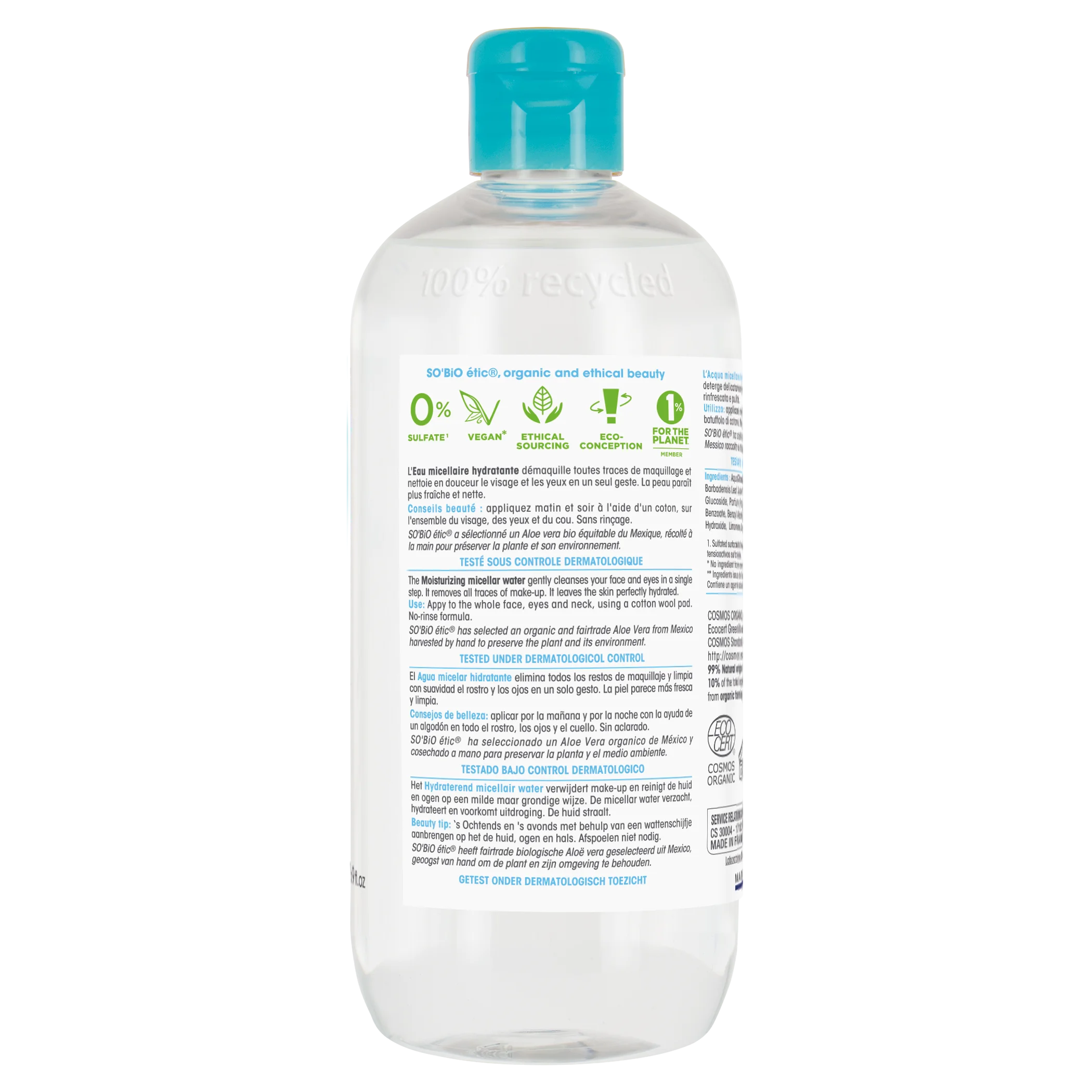 SO’BiO étic Acqua micellare idratante all’Aloe vera BIO (500 ml) - arricchita con acqua di fiordaliso