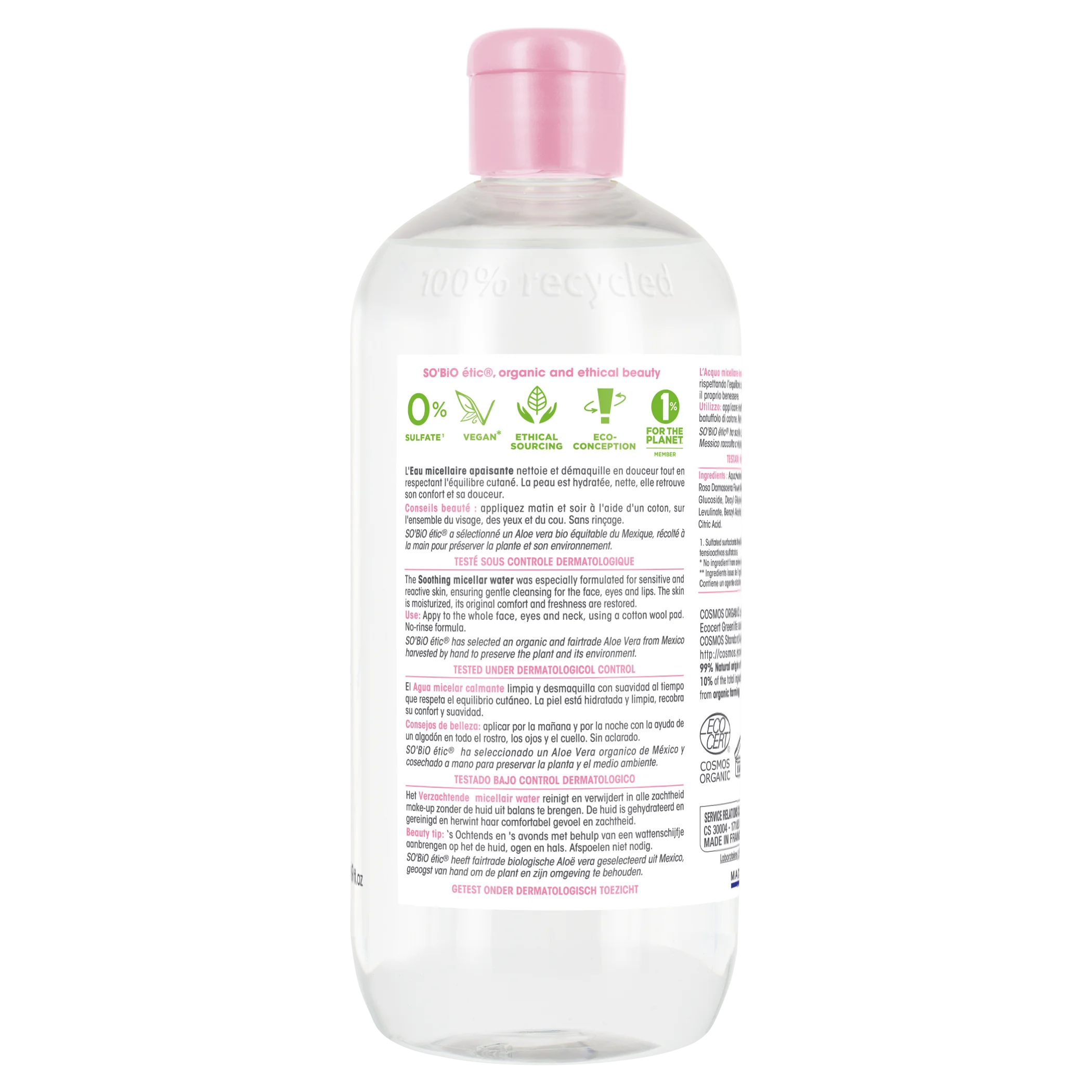 SO’BiO étic Acqua micellare lenitiva BIO all'Aloe Vera (500 ml) - arricchita con acqua di camomilla