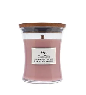 WoodWick Pressed Blooms & Patchouli candela profumata con stoppino in legno 275 g