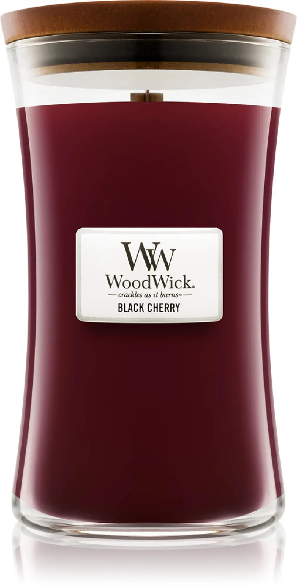 Candela profumata WoodWick Black Cherry con stoppino in legno 275 g