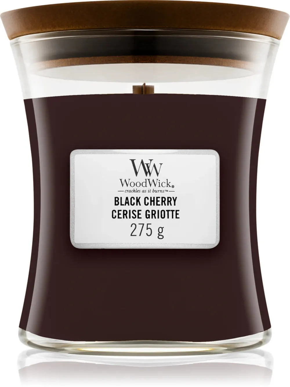Candela profumata WoodWick Black Cherry con stoppino in legno 275 g