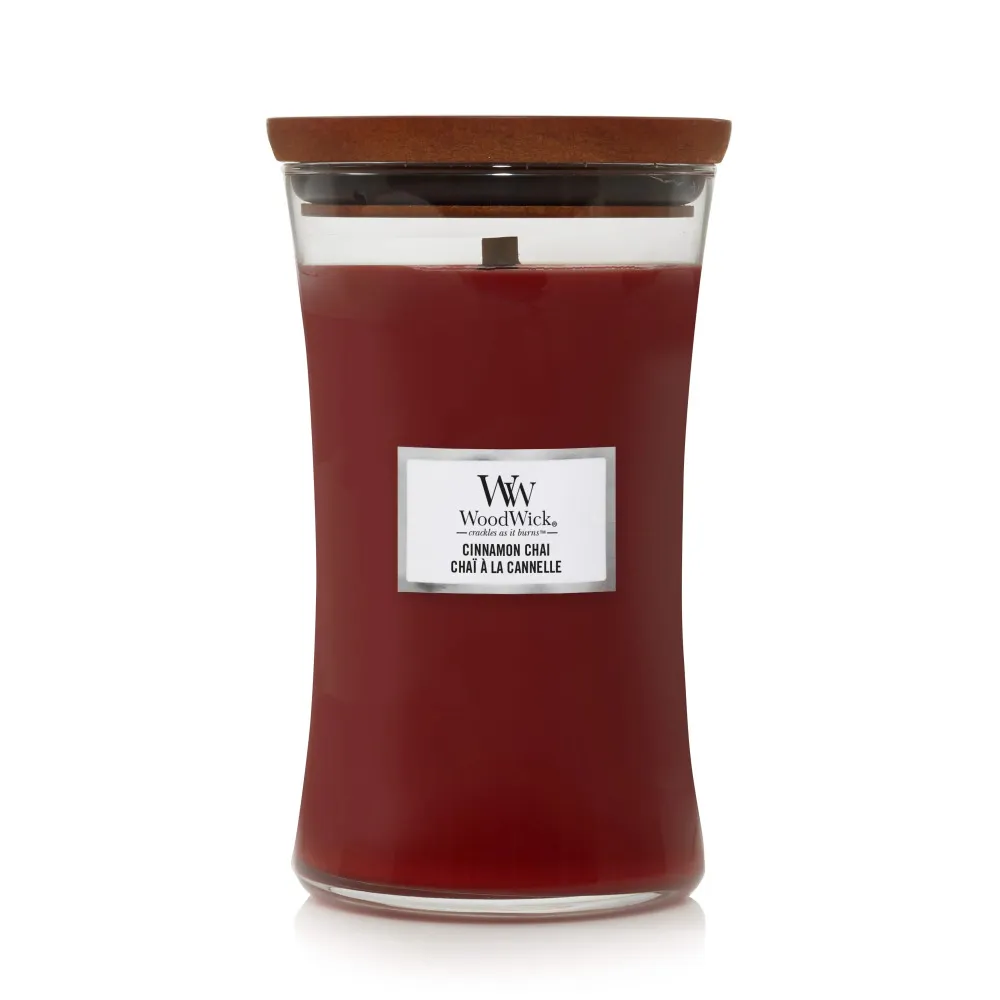 Candela profumata WoodWick Cinnamon Chai con stoppino in legno 609,5 g