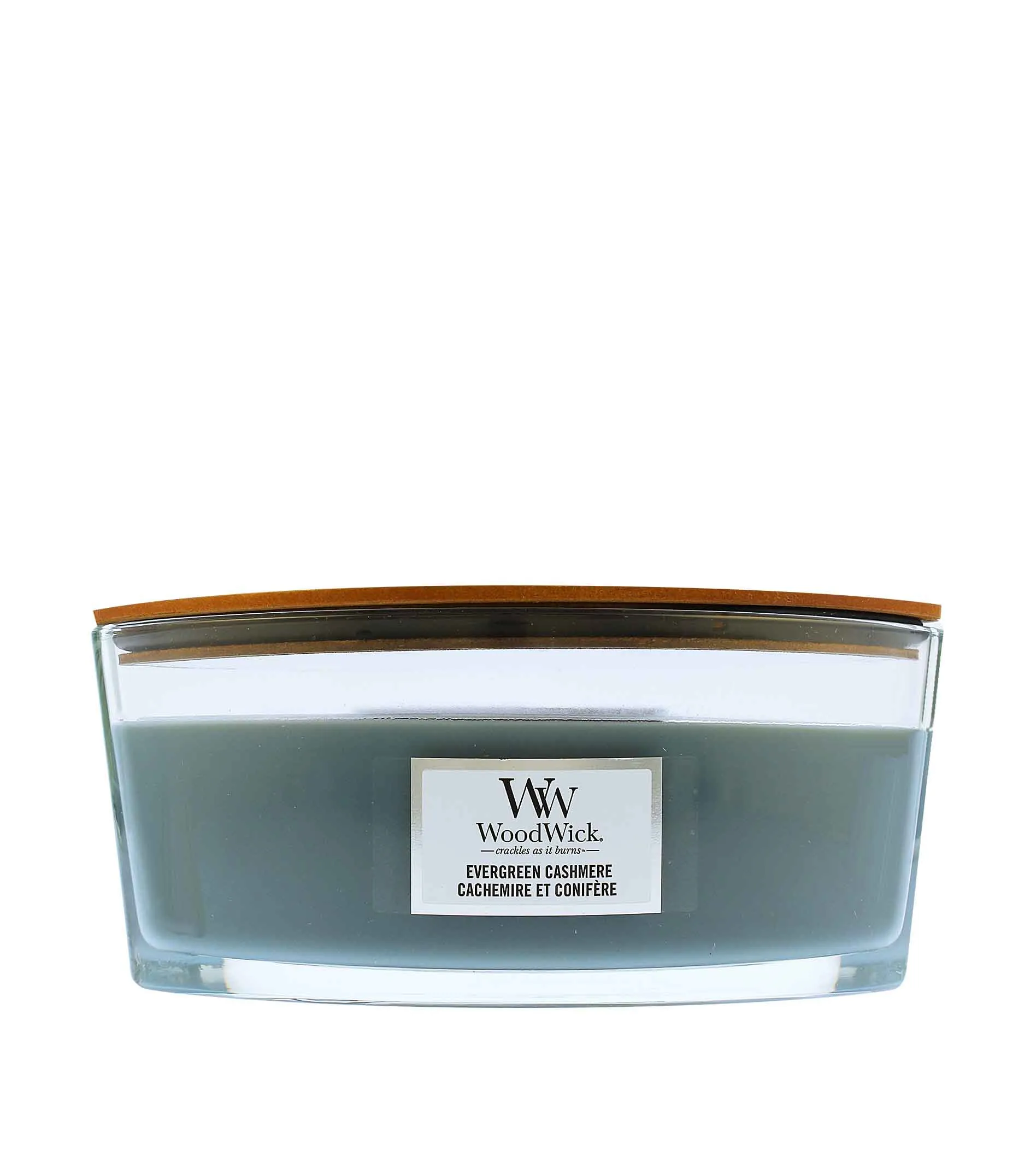 Candela profumata WoodWick Evergreen Cashmere con stoppino in legno per uomo
