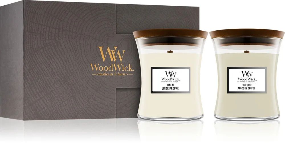 Set regalo WoodWick Fireside, Linen WoodWick Fireside, Linen dárková sada