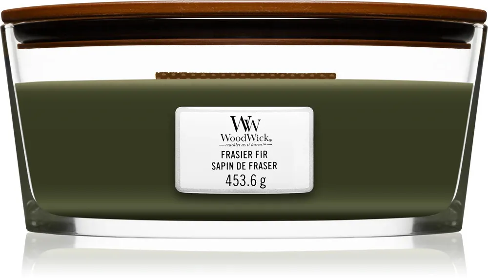 Candela profumata WoodWick Frasier Fir con stoppino in legno 453,6 g
