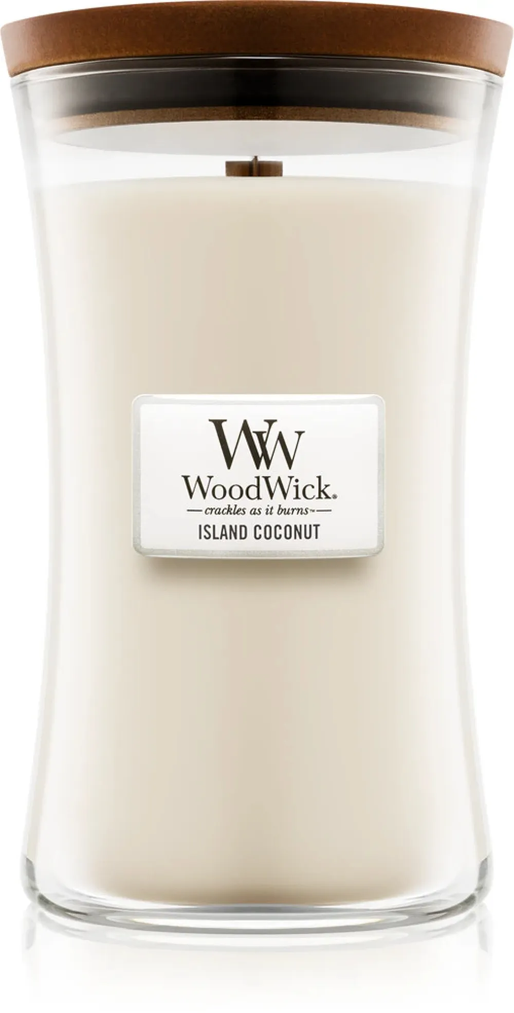 Candela profumata WoodWick Island Coconut con stoppino in legno 609,5 g