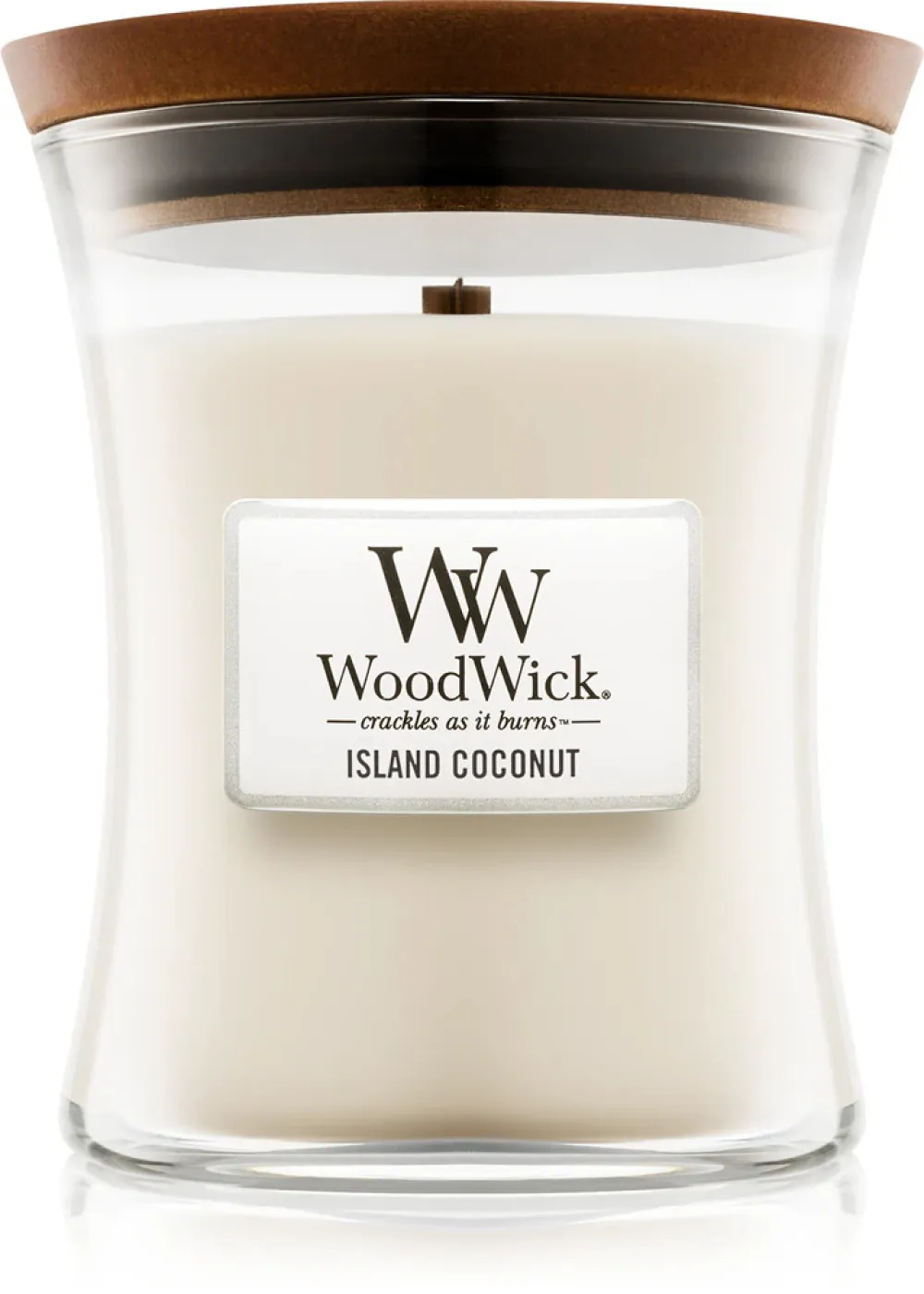 Candela profumata WoodWick Island Coconut con stoppino in legno 609,5 g