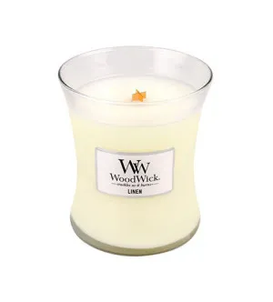 Candela profumata WoodWick Linen con stoppino in legno 275 g