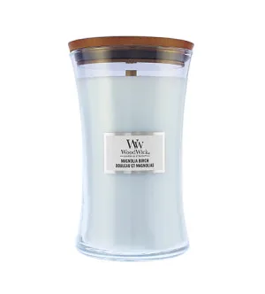 Candela profumata WoodWick Magnolia Birch con stoppino in legno per uomini