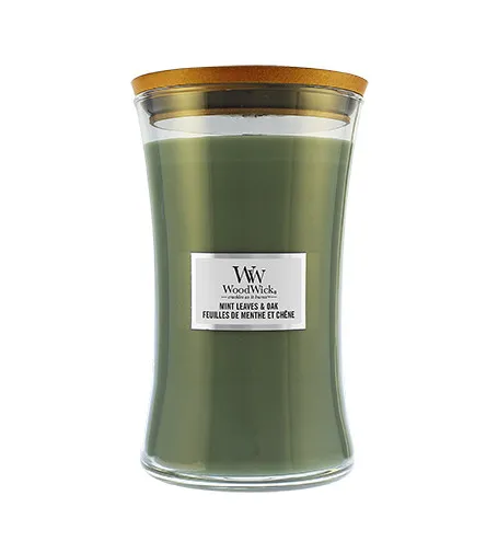 Candela profumata WoodWick Mint Leaves & Oak con stoppino in legno 609,5 g